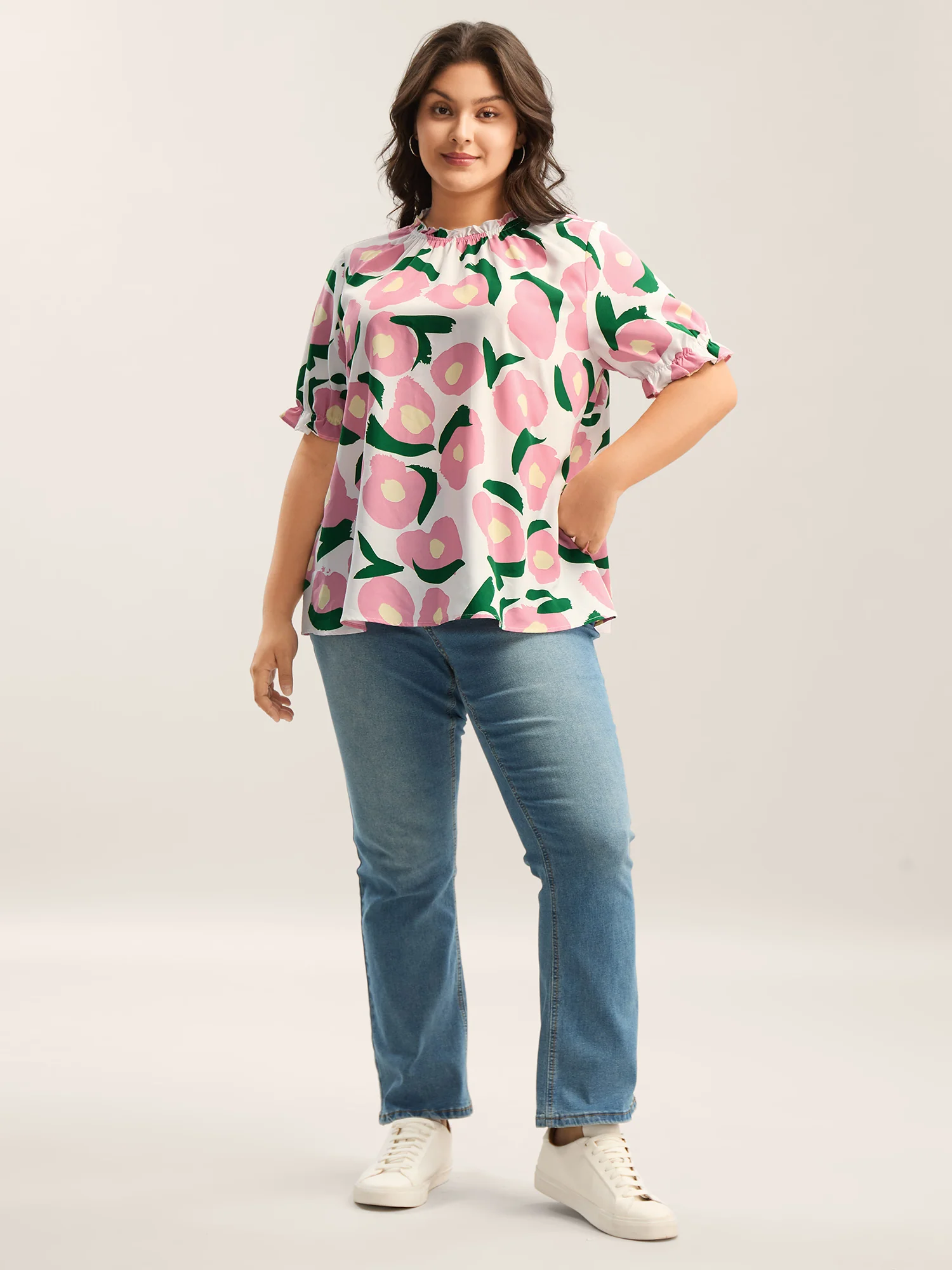 Floral Print Ruffled Neck Puffy Sleeve Blouse - Image 3