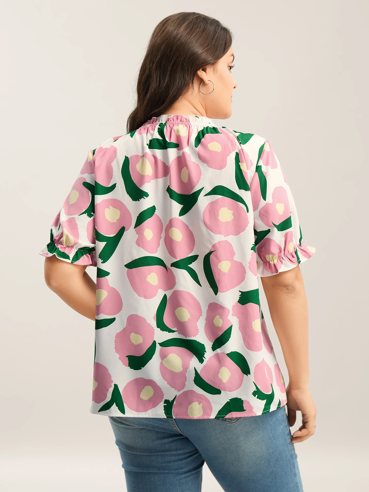Floral Print Ruffled Neck Puffy Sleeve Blouse - Image 4