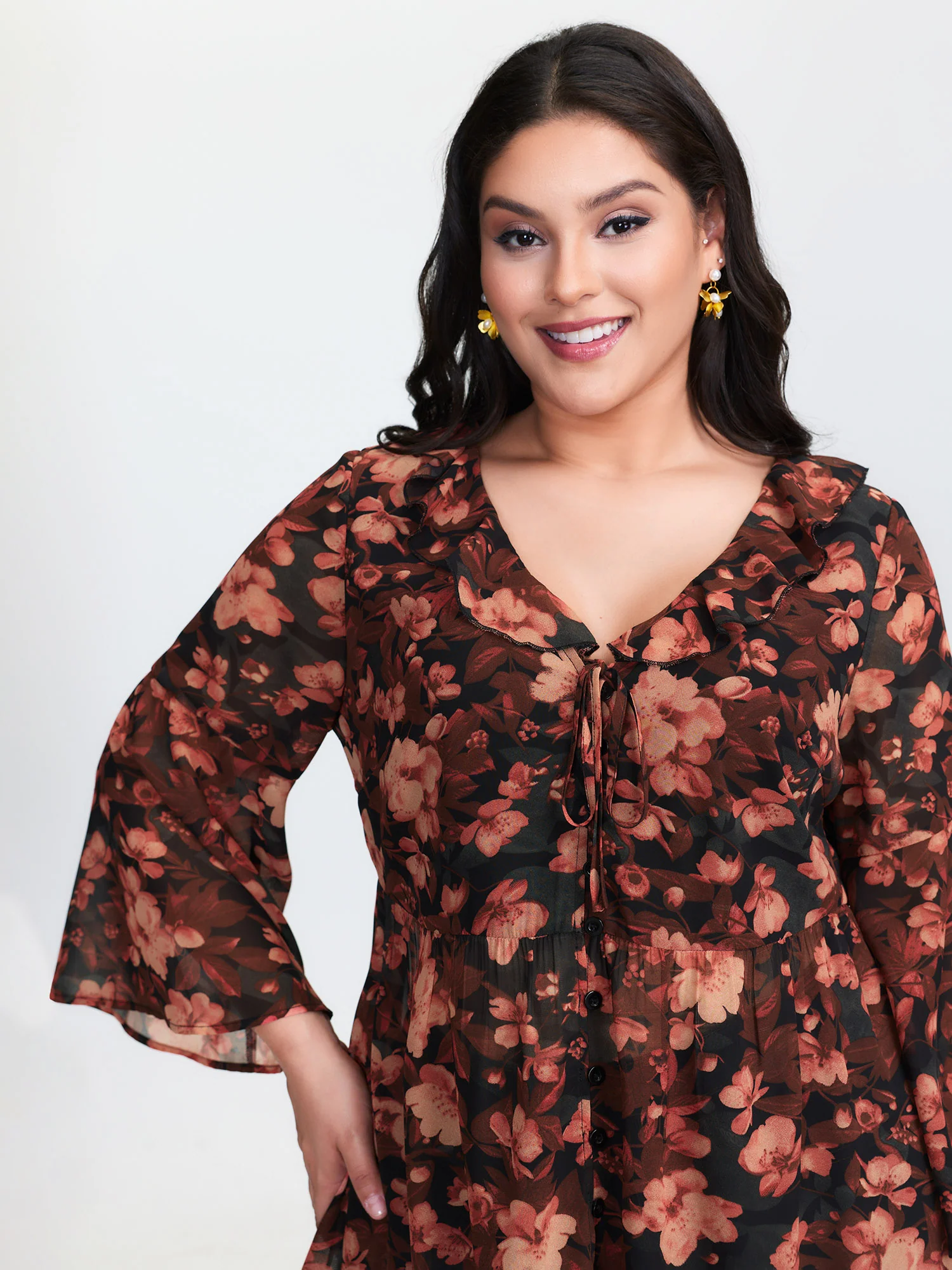 Floral Print Ruffled Neckline Blouse - Image 2
