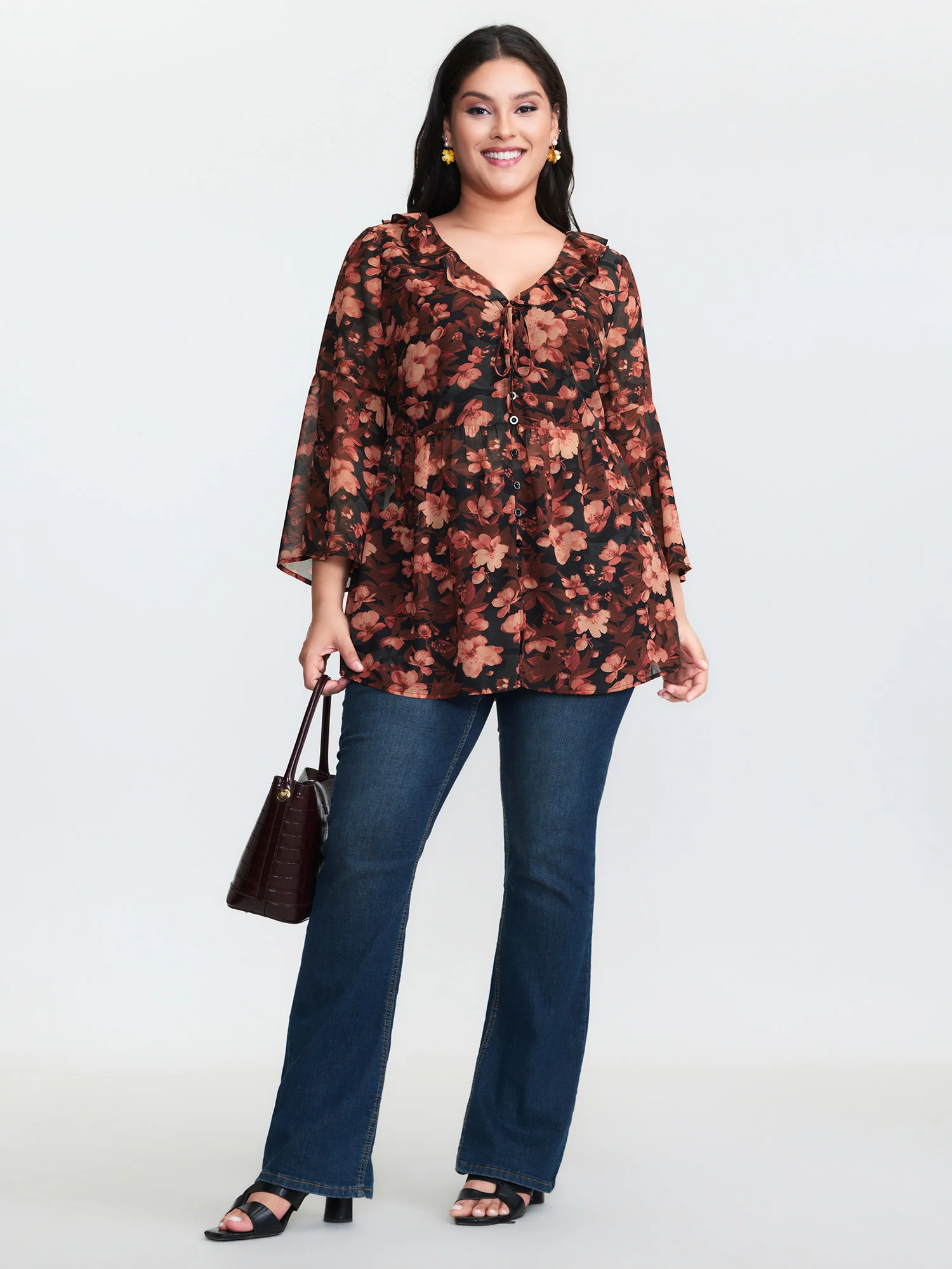 Floral Print Ruffled Neckline Blouse - Image 3