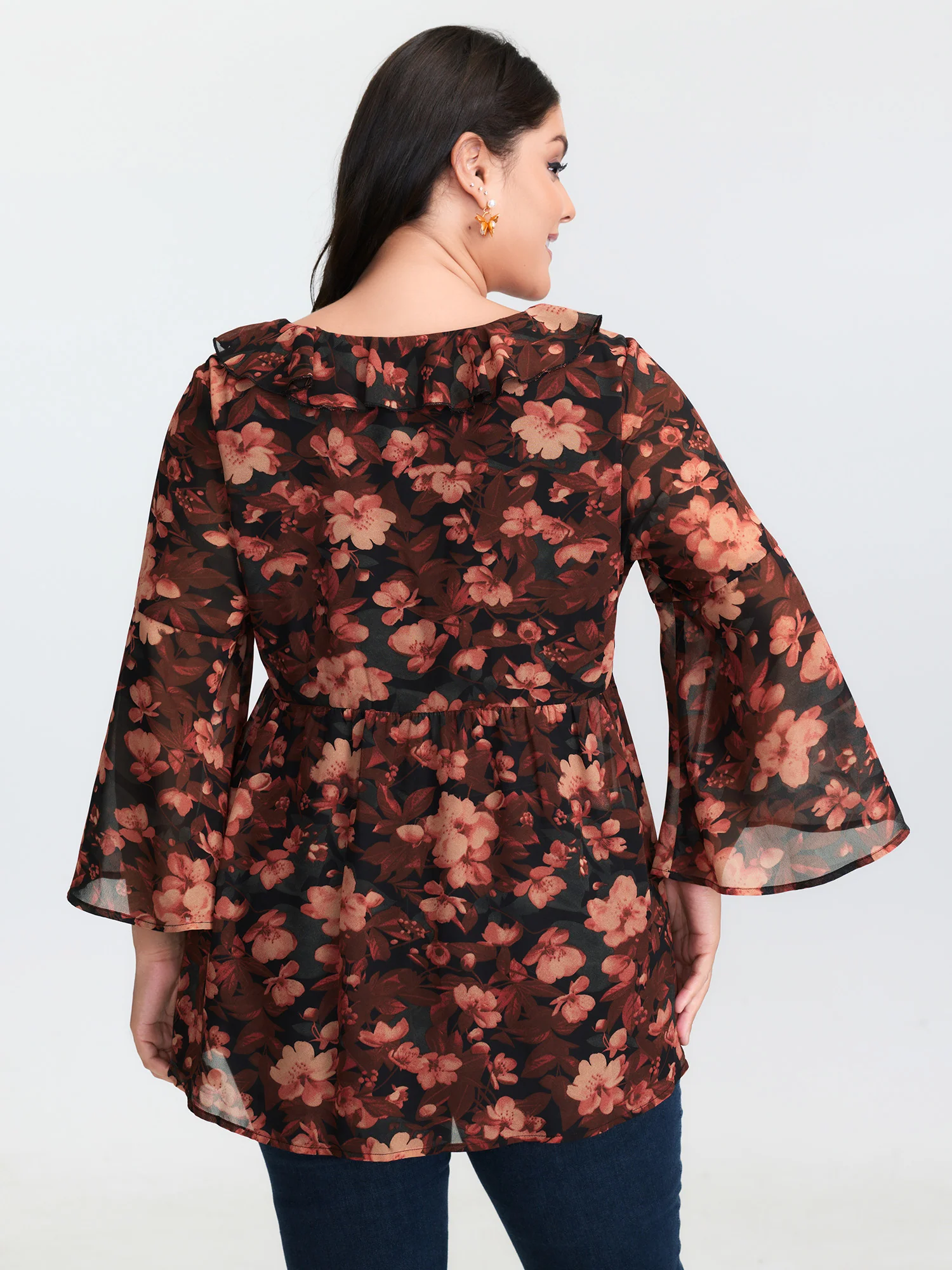 Floral Print Ruffled Neckline Blouse - Image 4