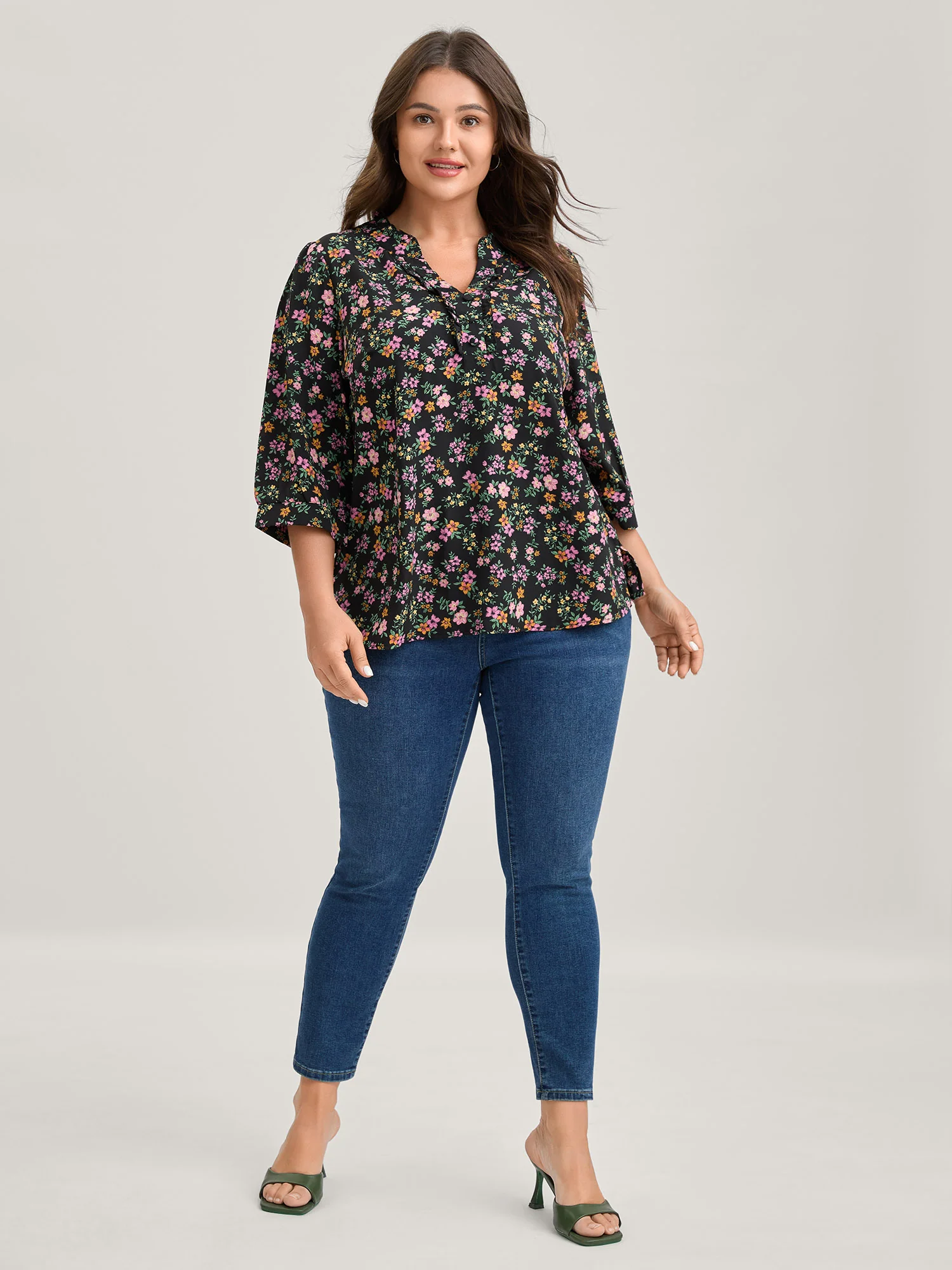 Floral Print Ruffled Neckline Flowy Blouse - Image 2