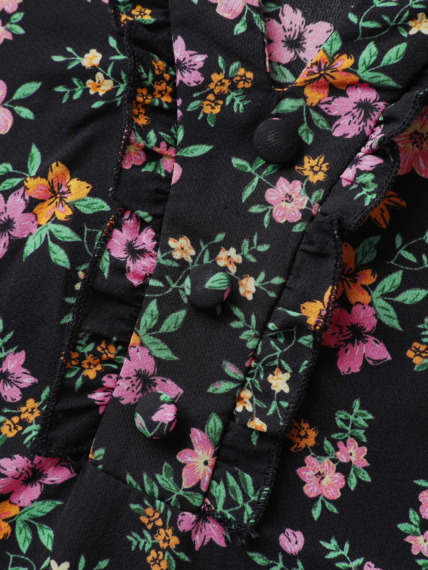 Floral Print Ruffled Neckline Flowy Blouse - Image 5