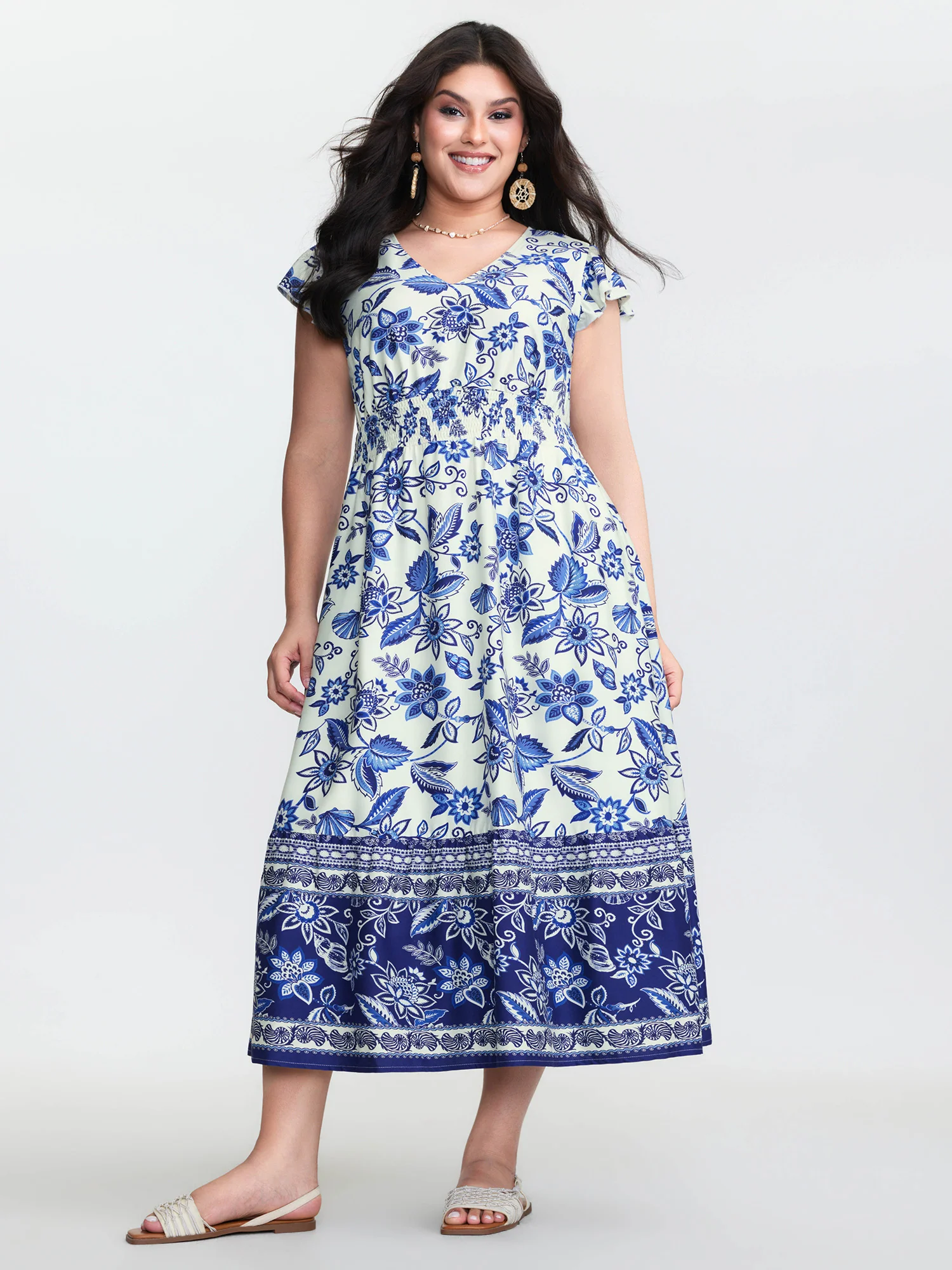Floral Print Ruffled Sleeve Embroidered Midi Dress - Image 3