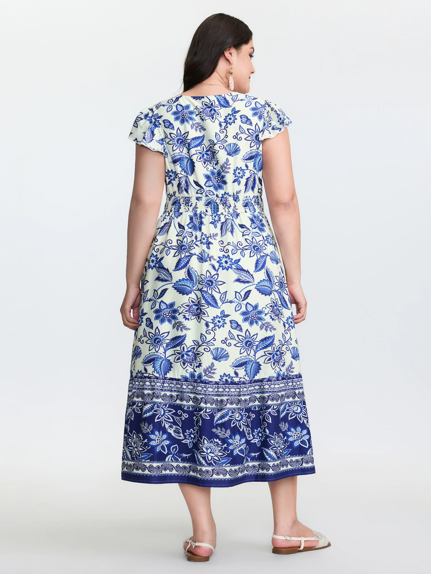 Floral Print Ruffled Sleeve Embroidered Midi Dress - Image 4