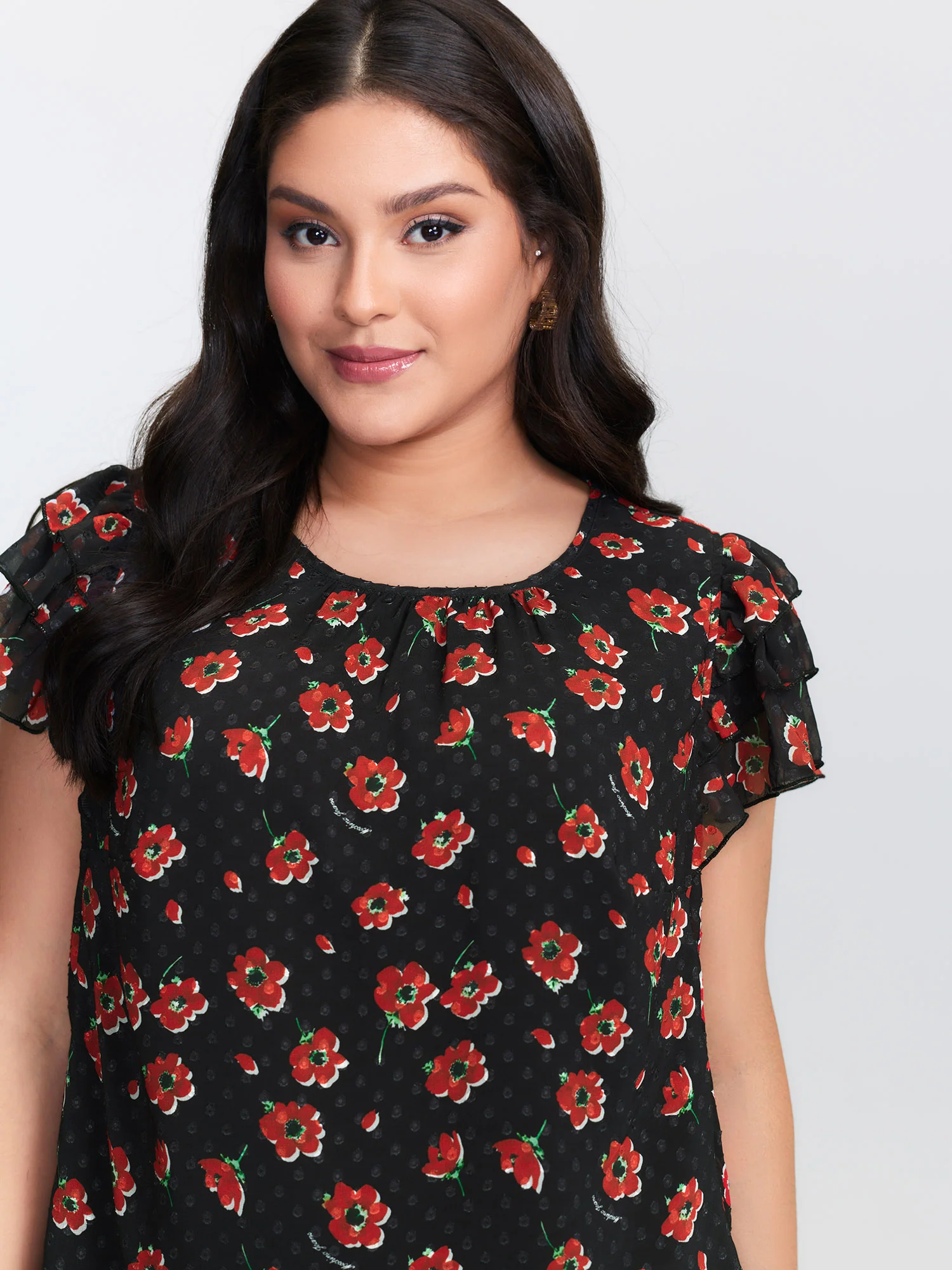 Floral Print Ruffled Sleeve Textured Blouse - Image 2