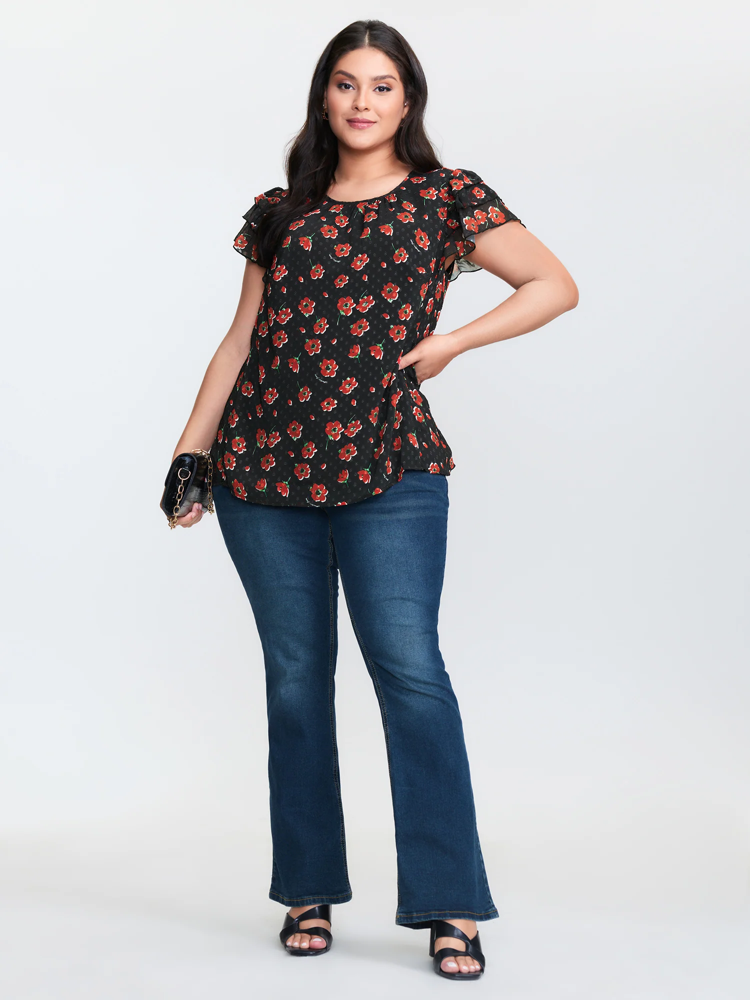 Floral Print Ruffled Sleeve Textured Blouse - Image 3