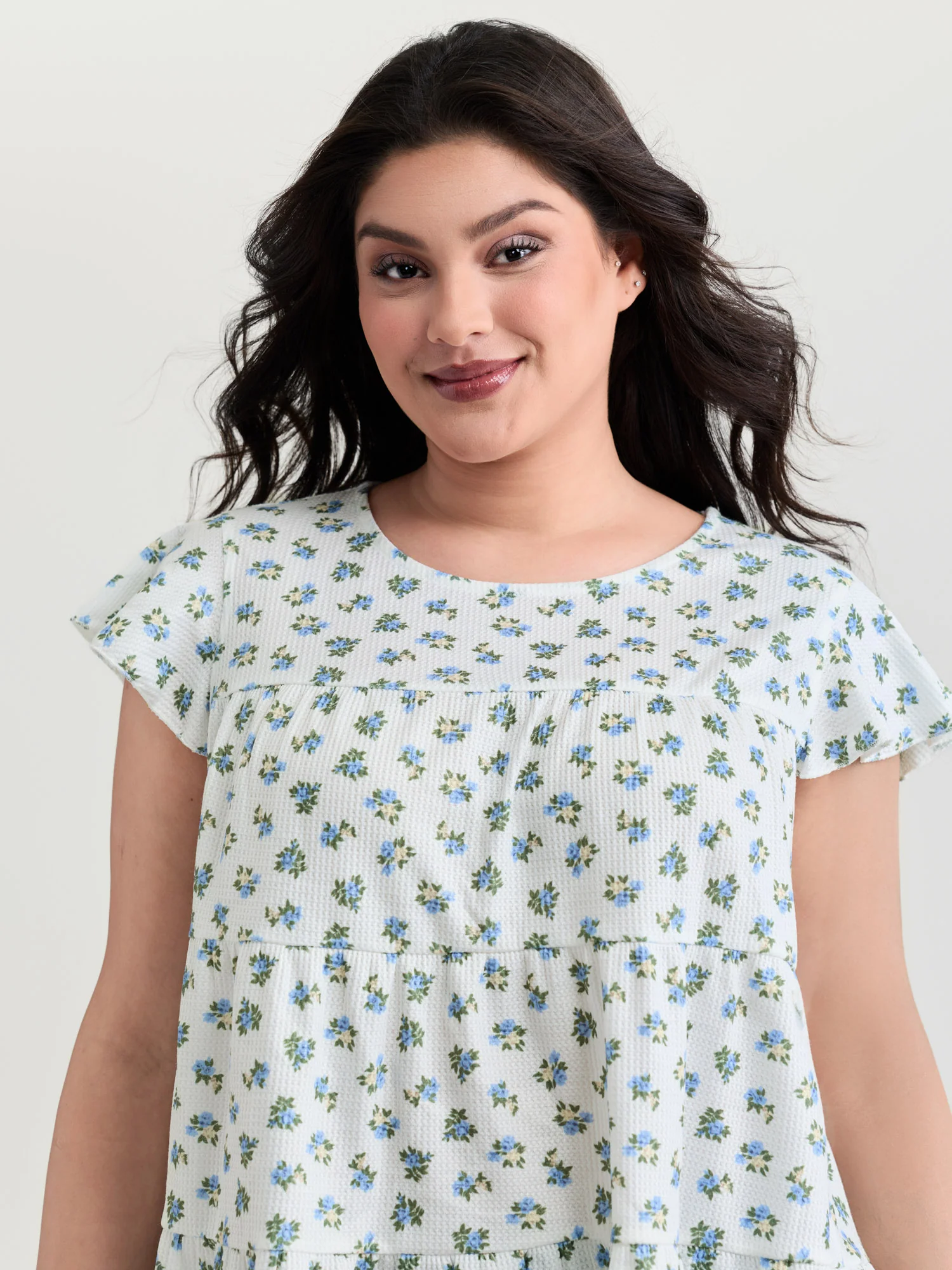 Floral Print Ruffled Sleeve Tiered Knit Top - Image 2
