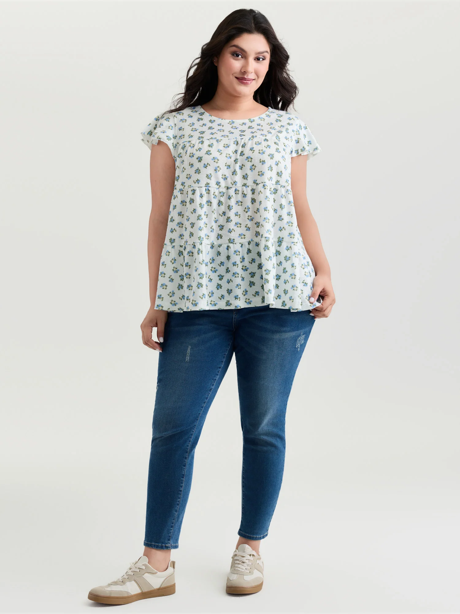 Floral Print Ruffled Sleeve Tiered Knit Top - Image 3