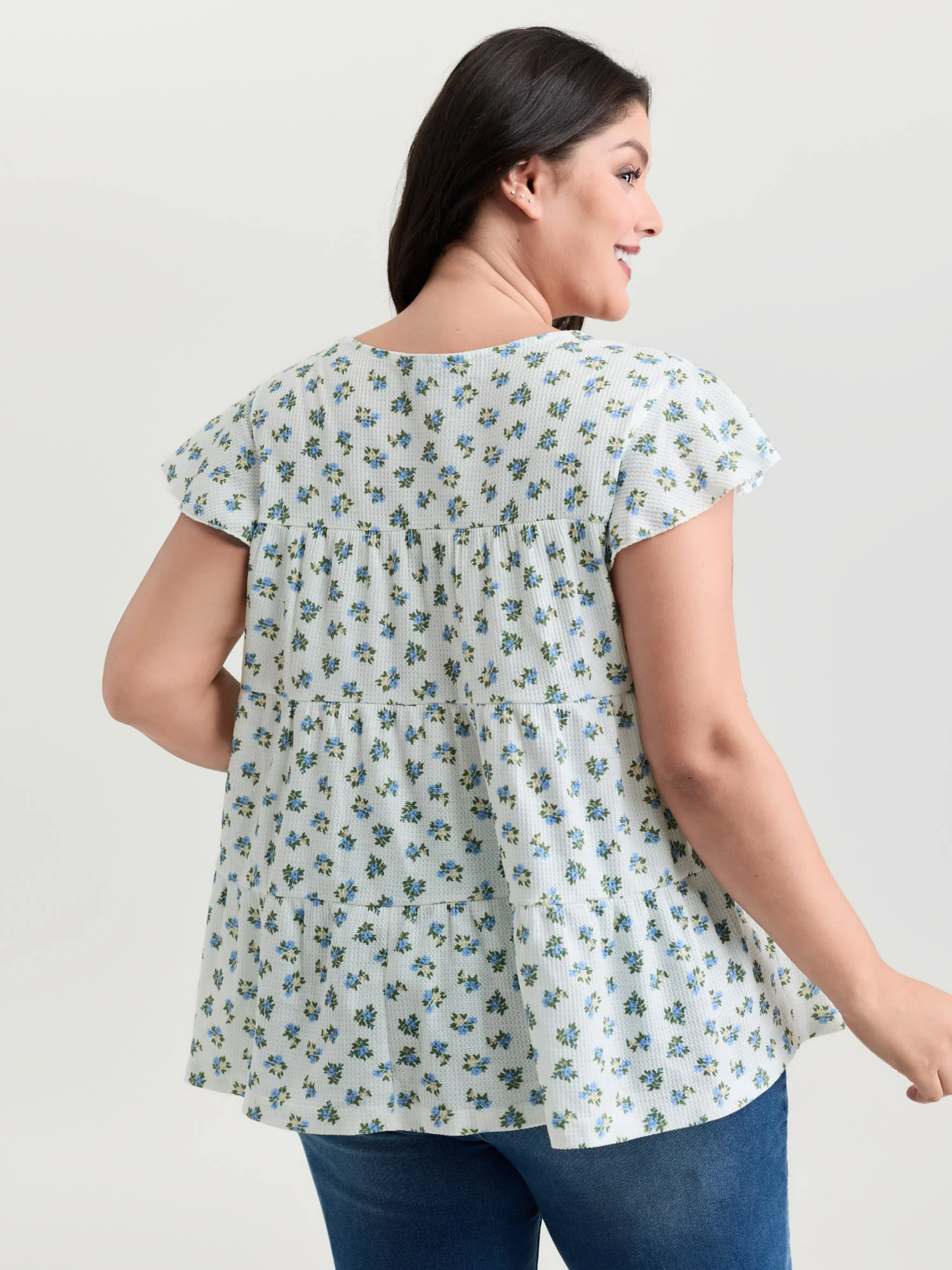 Floral Print Ruffled Sleeve Tiered Knit Top - Image 4