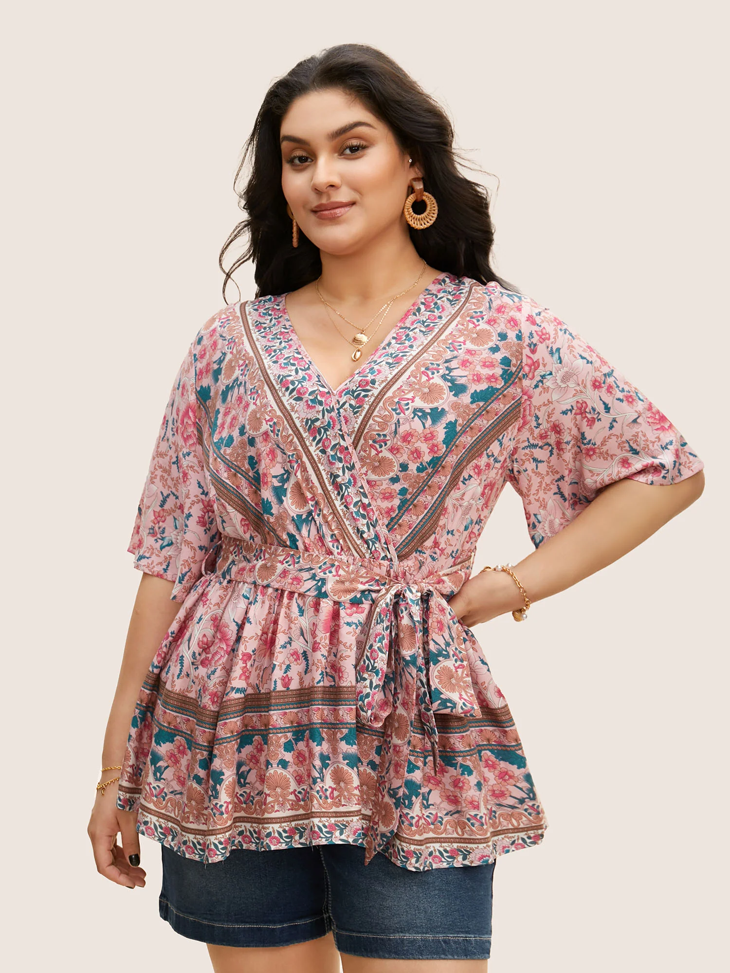 Floral Print Ruffles Belted Blouse - Image 2