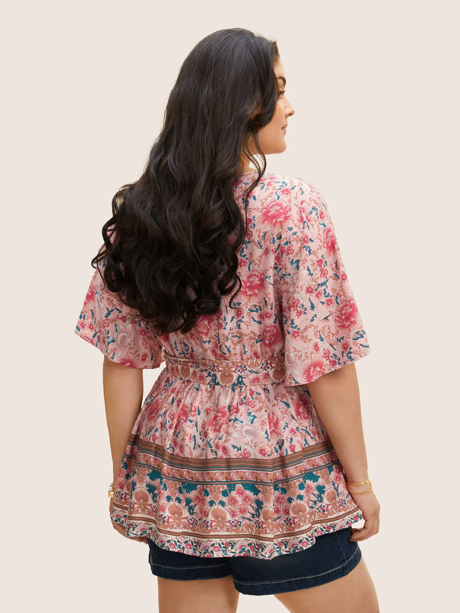Floral Print Ruffles Belted Blouse - Image 3