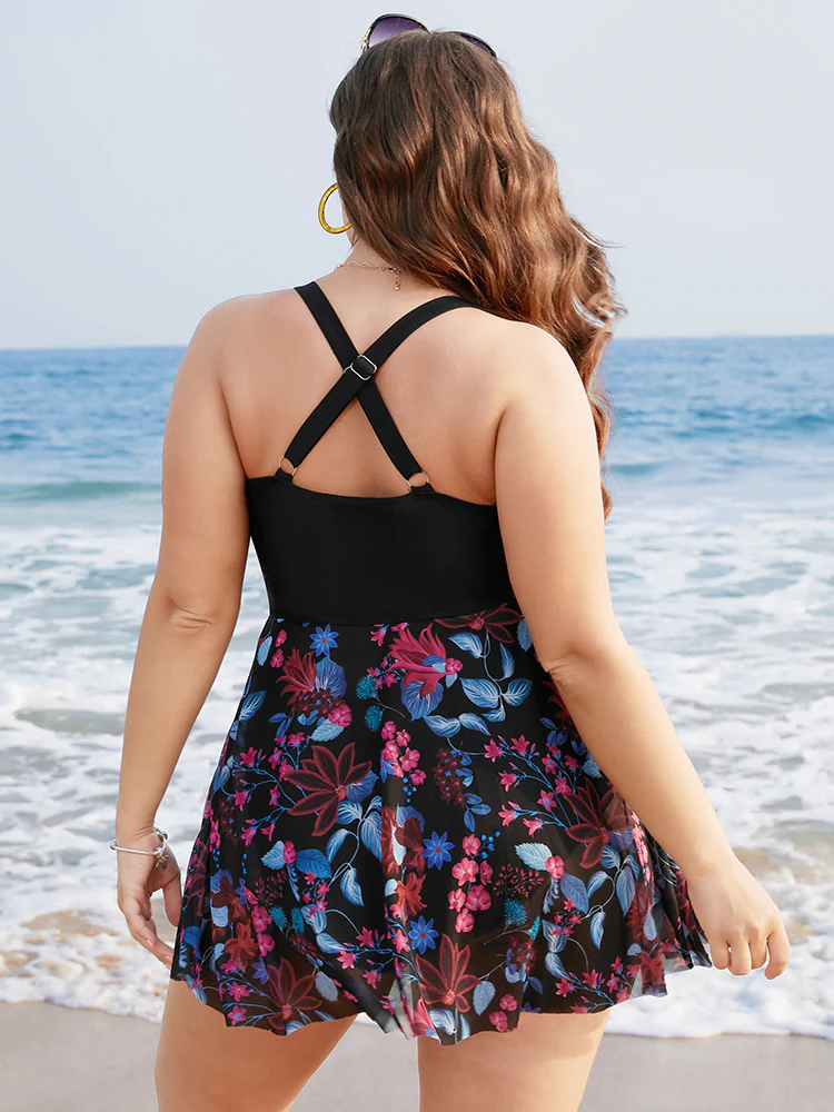 Floral Print Ruffles Crisscross Front Swim Dress - Image 2