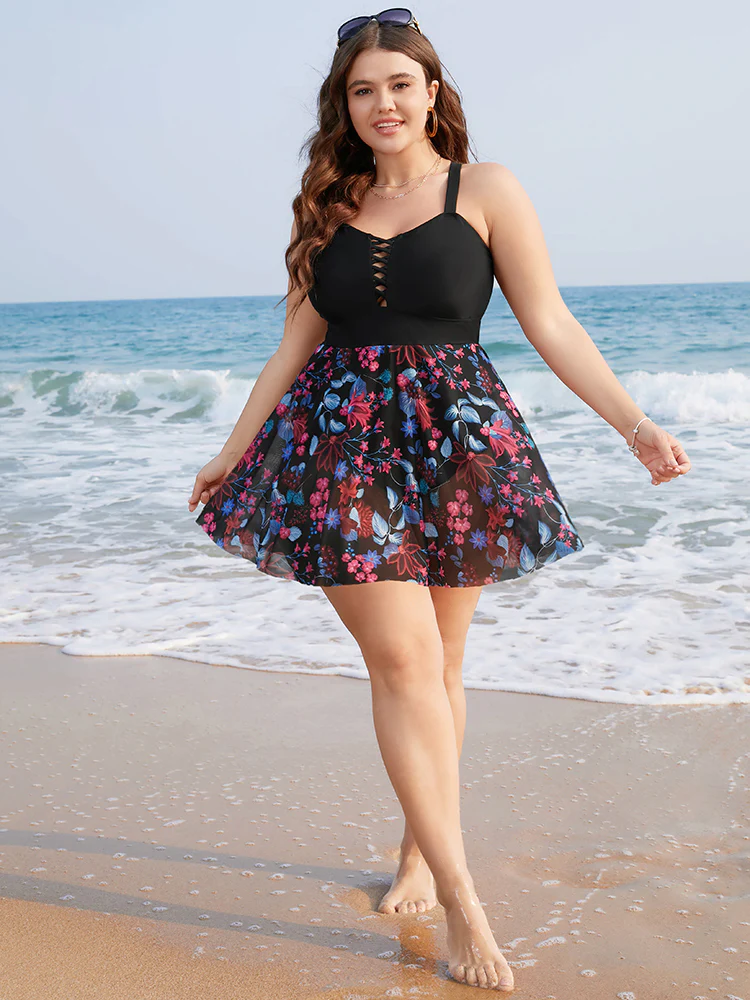 Floral Print Ruffles Crisscross Front Swim Dress - Image 6