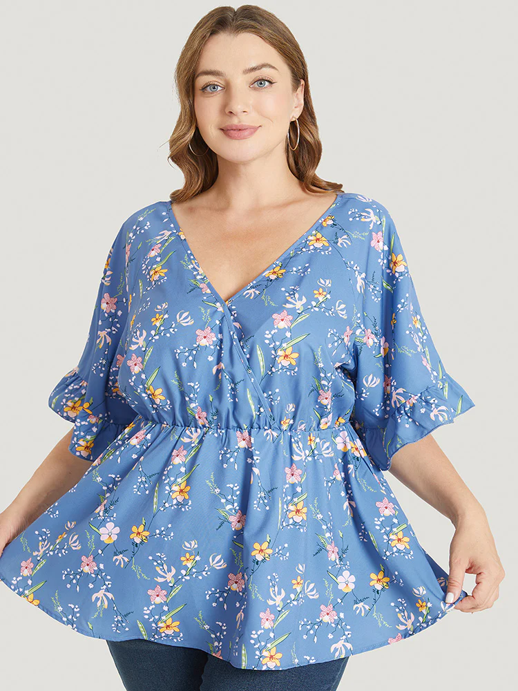Floral Print Ruffles Flounce Sleeve Surplice Neck Blouse - Image 2