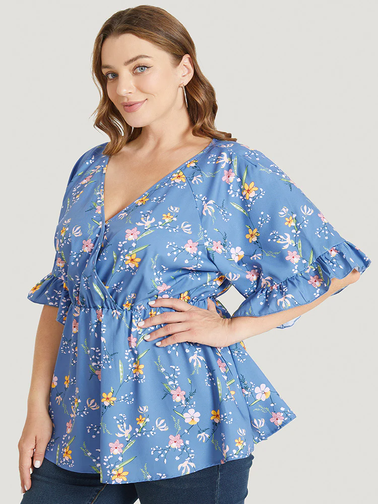 Floral Print Ruffles Flounce Sleeve Surplice Neck Blouse - Image 3
