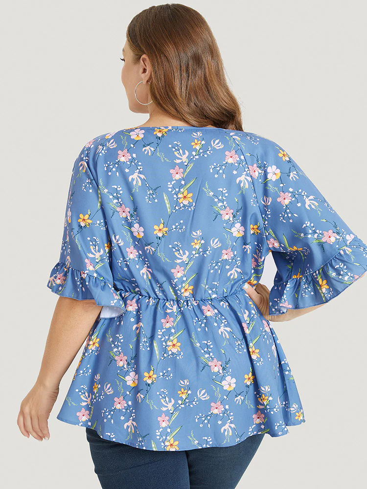 Floral Print Ruffles Flounce Sleeve Surplice Neck Blouse - Image 4