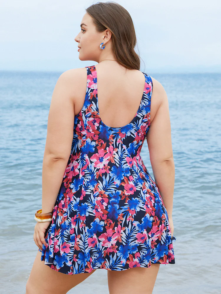 Floral Print Ruffles Sculpt Waist A Line Swim Dress - Image 3