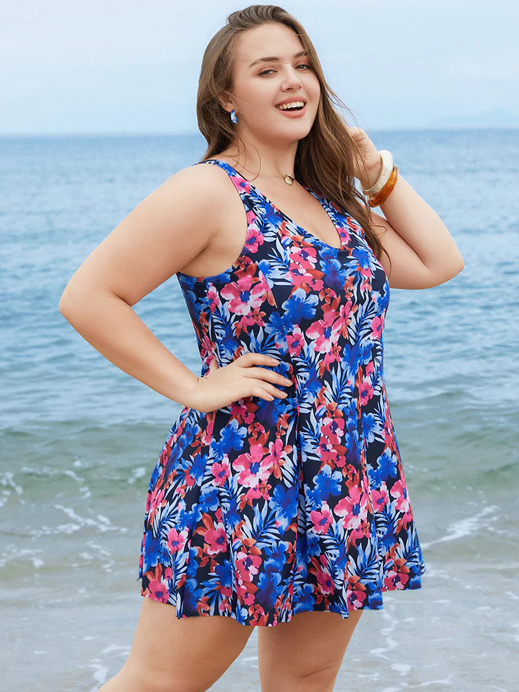 Floral Print Ruffles Sculpt Waist A Line Swim Dress - Image 5