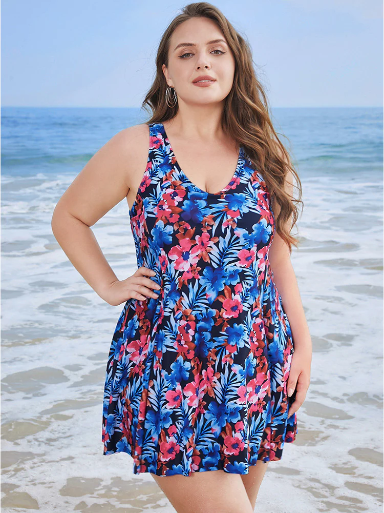 Floral Print Ruffles Sculpt Waist A Line Swim Dress - Image 9