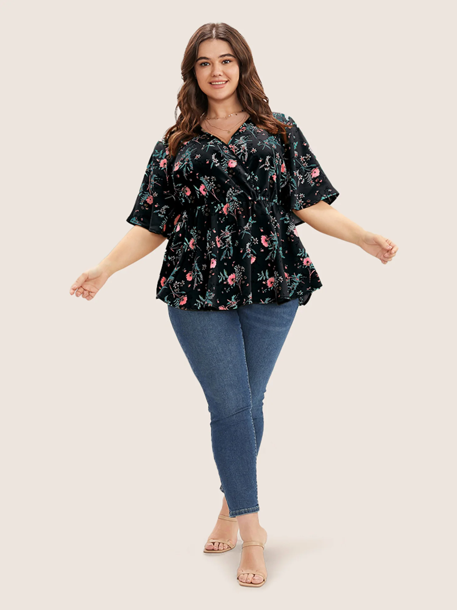 Floral Print Ruffles Surplice Neck Blouse - Image 10