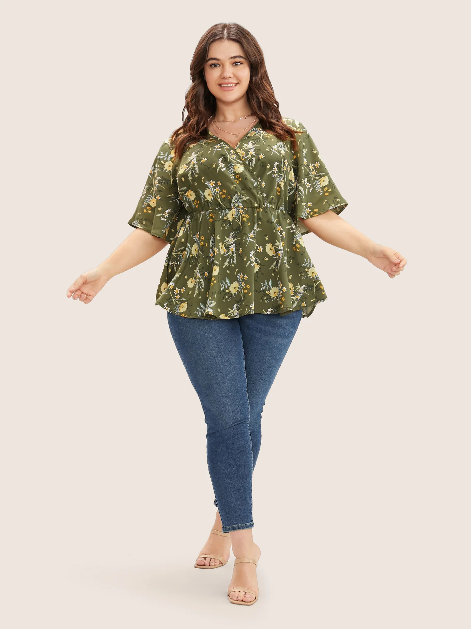 Floral Print Ruffles Surplice Neck Blouse - Image 2