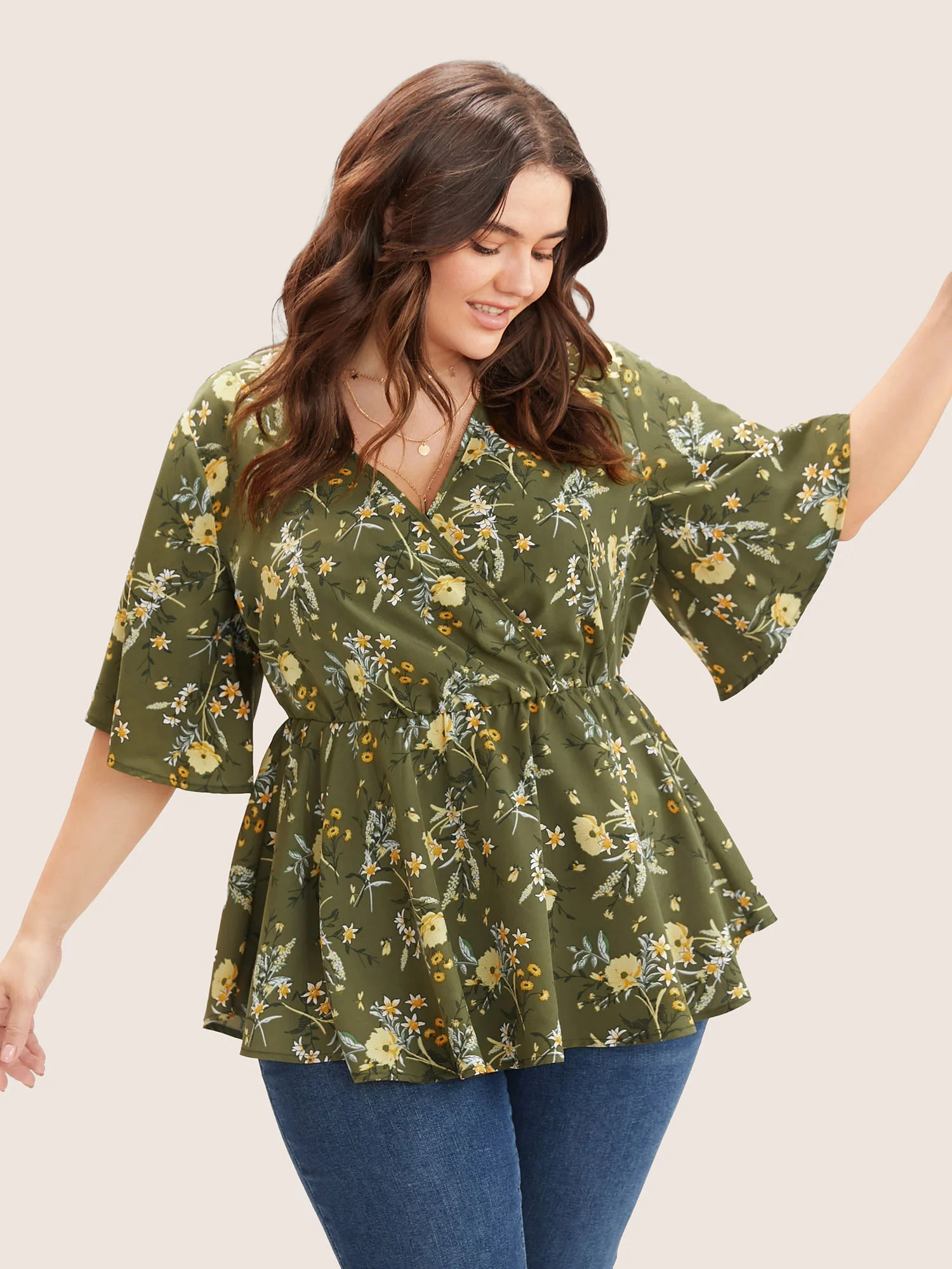 Floral Print Ruffles Surplice Neck Blouse - Image 3