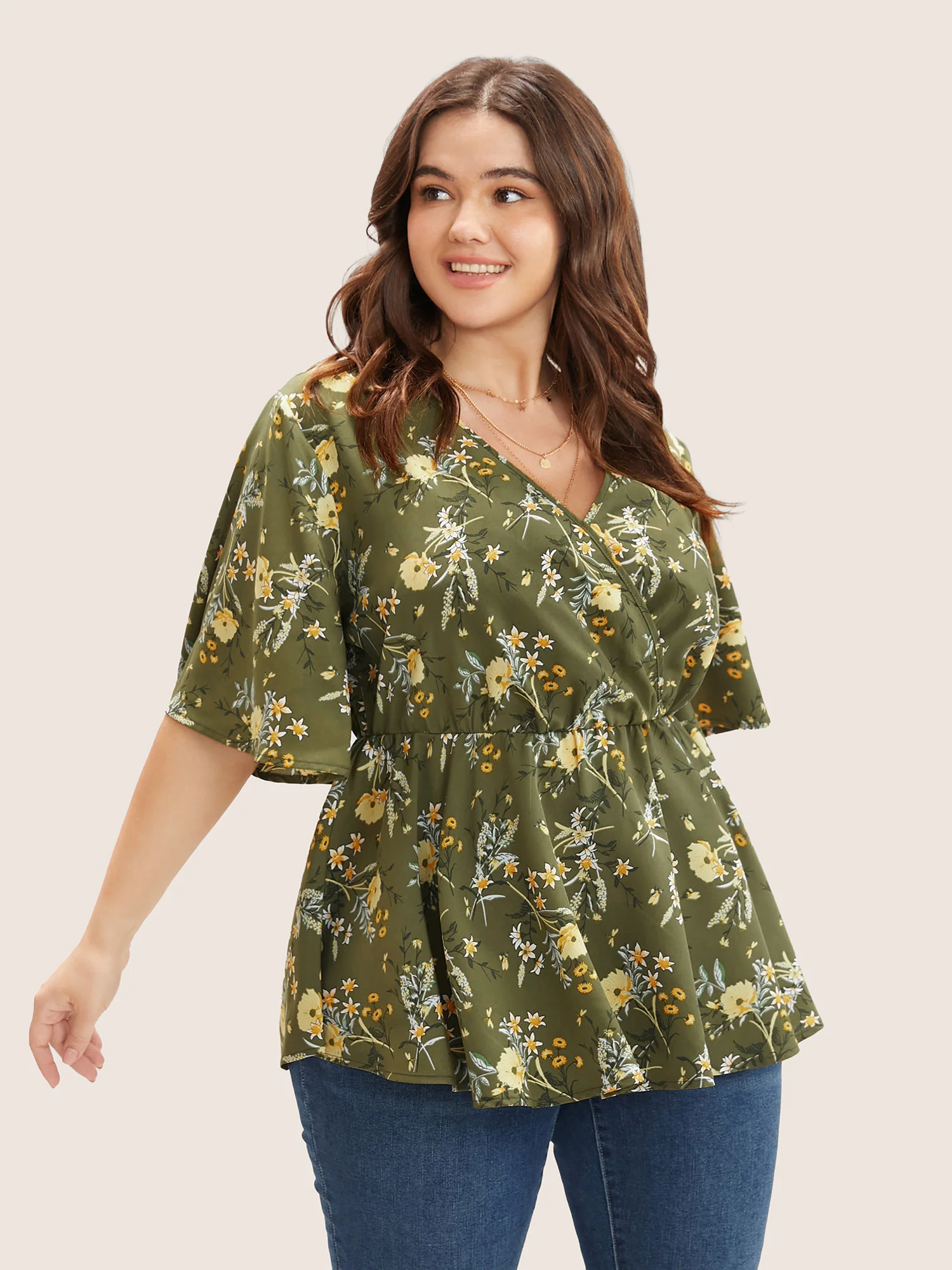 Floral Print Ruffles Surplice Neck Blouse - Image 4