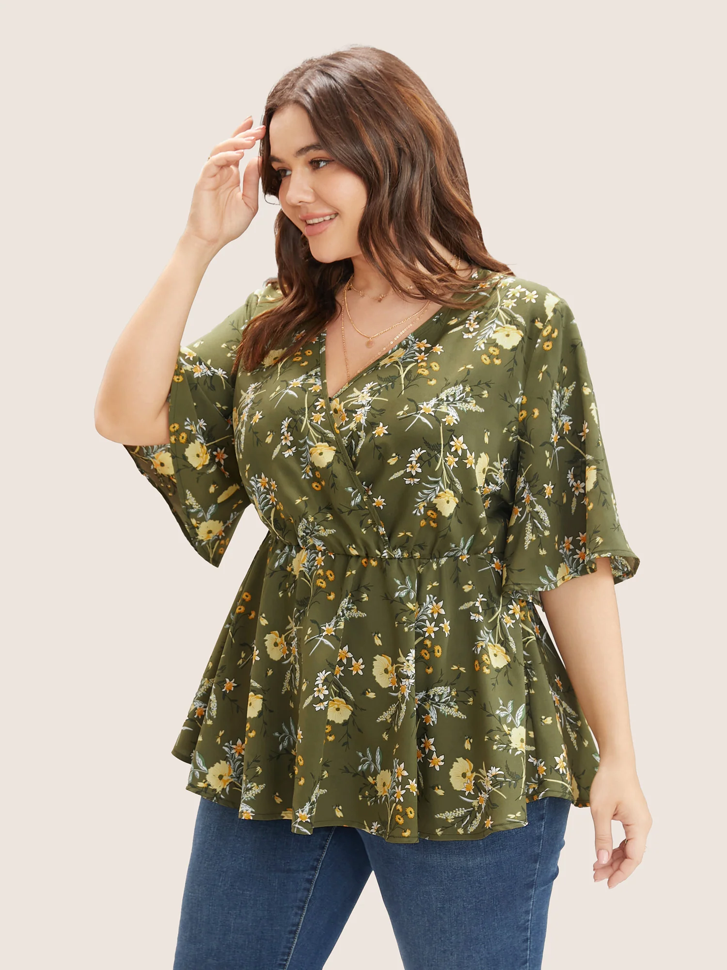 Floral Print Ruffles Surplice Neck Blouse - Image 5