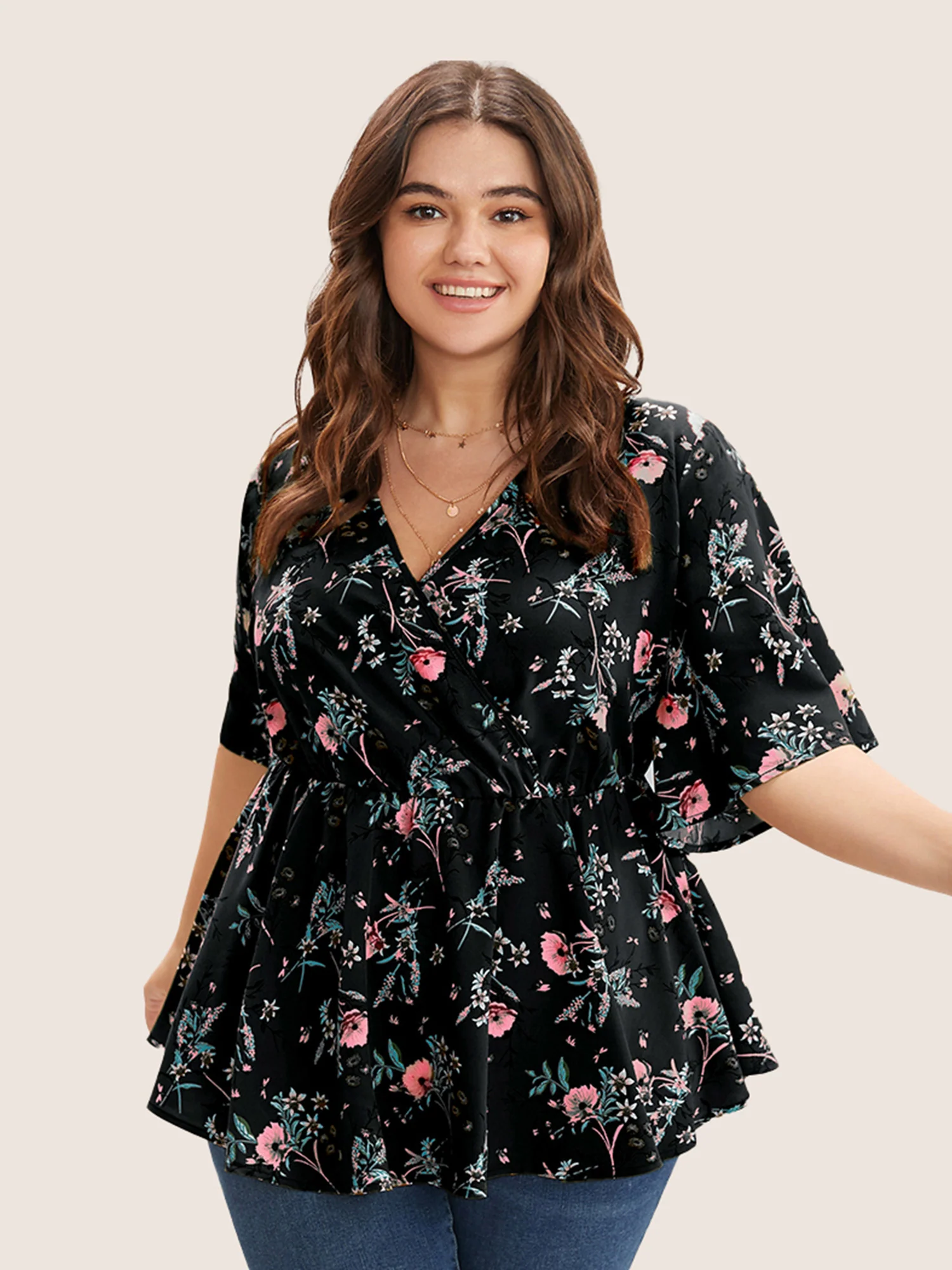 Floral Print Ruffles Surplice Neck Blouse - Image 9