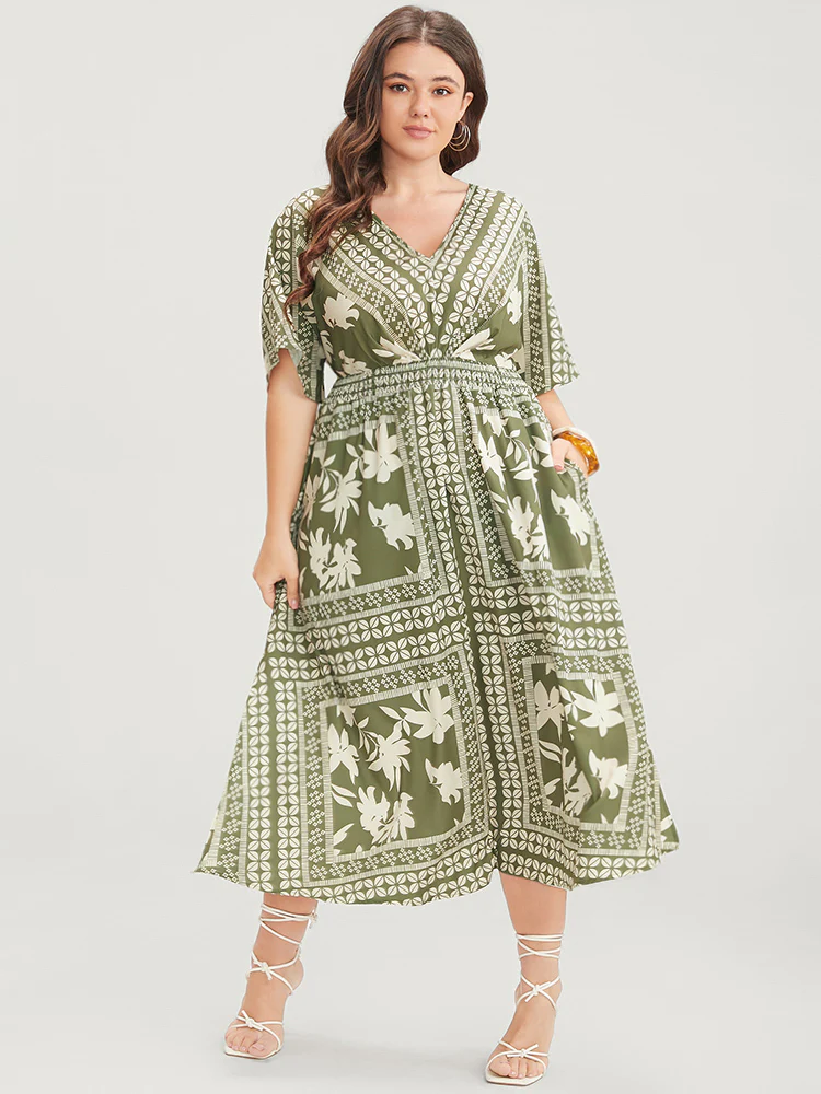 Floral Print Ruffles V Neck Shirred Pocket Split Hem Dress - Image 2