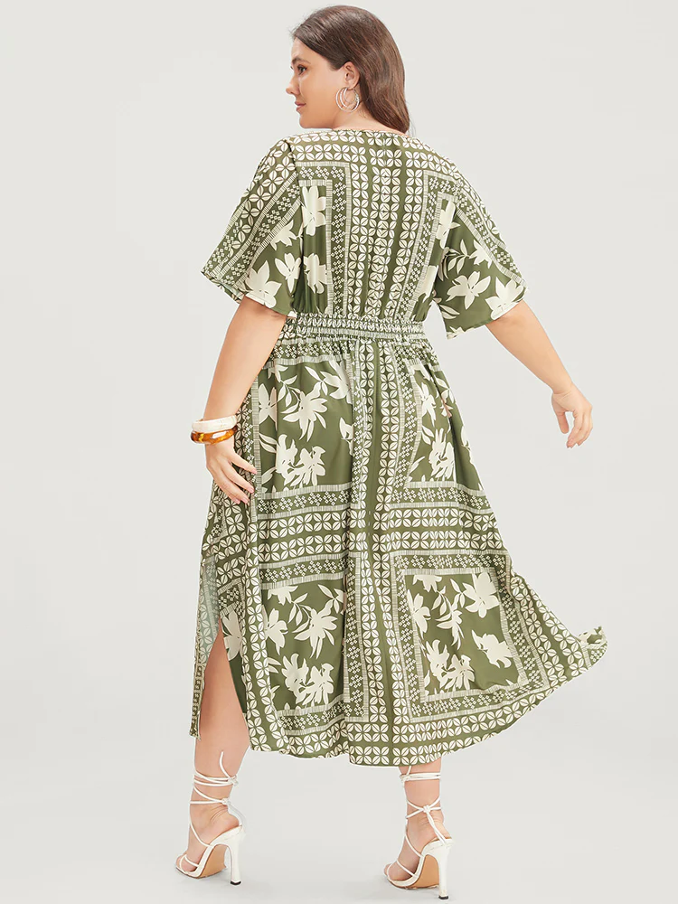 Floral Print Ruffles V Neck Shirred Pocket Split Hem Dress - Image 3