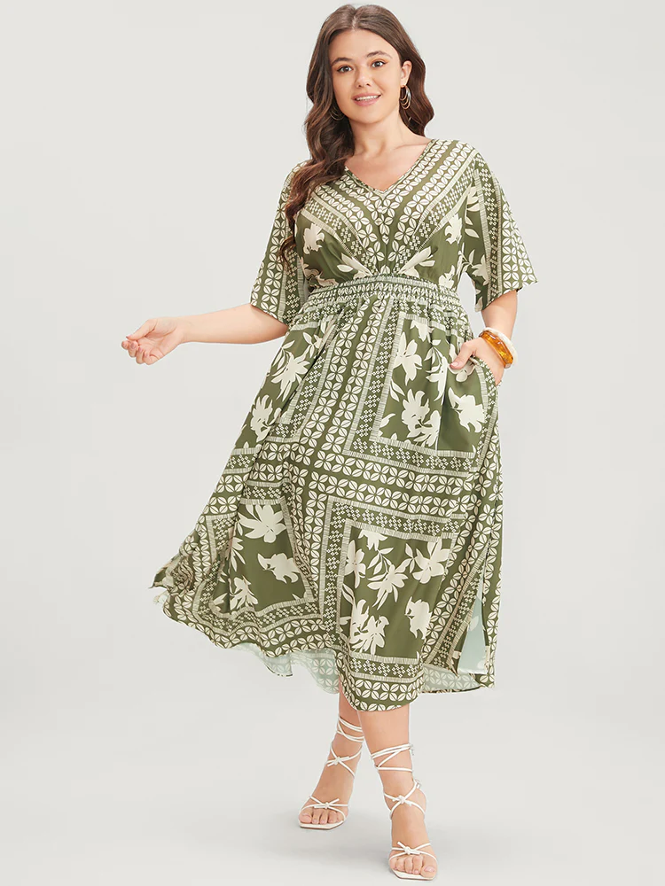 Floral Print Ruffles V Neck Shirred Pocket Split Hem Dress - Image 4