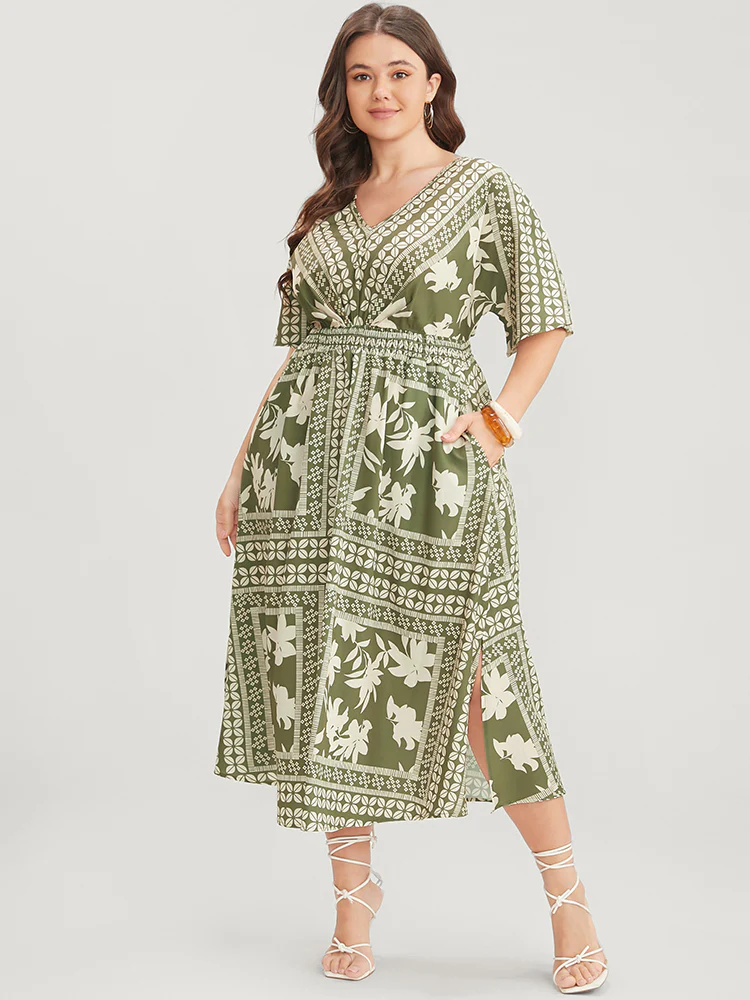 Floral Print Ruffles V Neck Shirred Pocket Split Hem Dress - Image 5