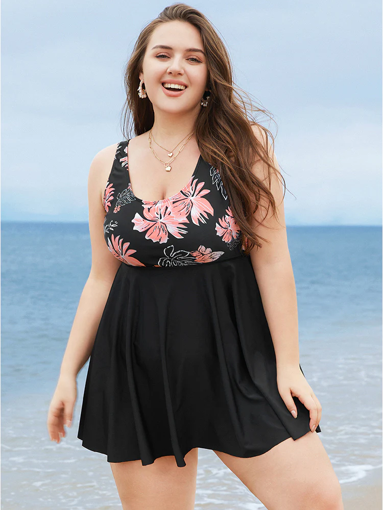 Floral Print Scoop Neck Sculpt Waist Swim Dress - Image 4