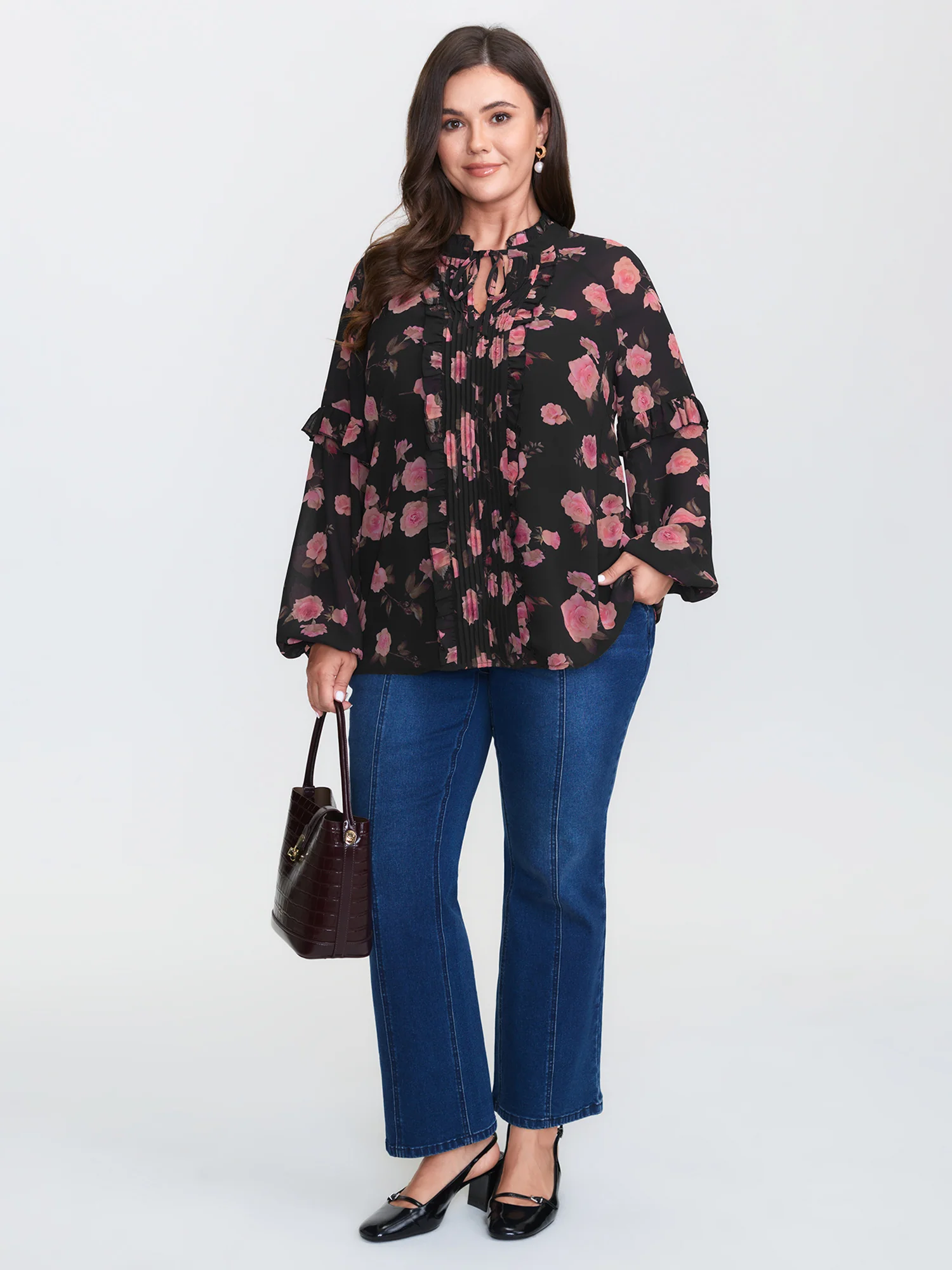 Floral Print Sheer Ruffled Sleeve Detail Blouse - Image 2