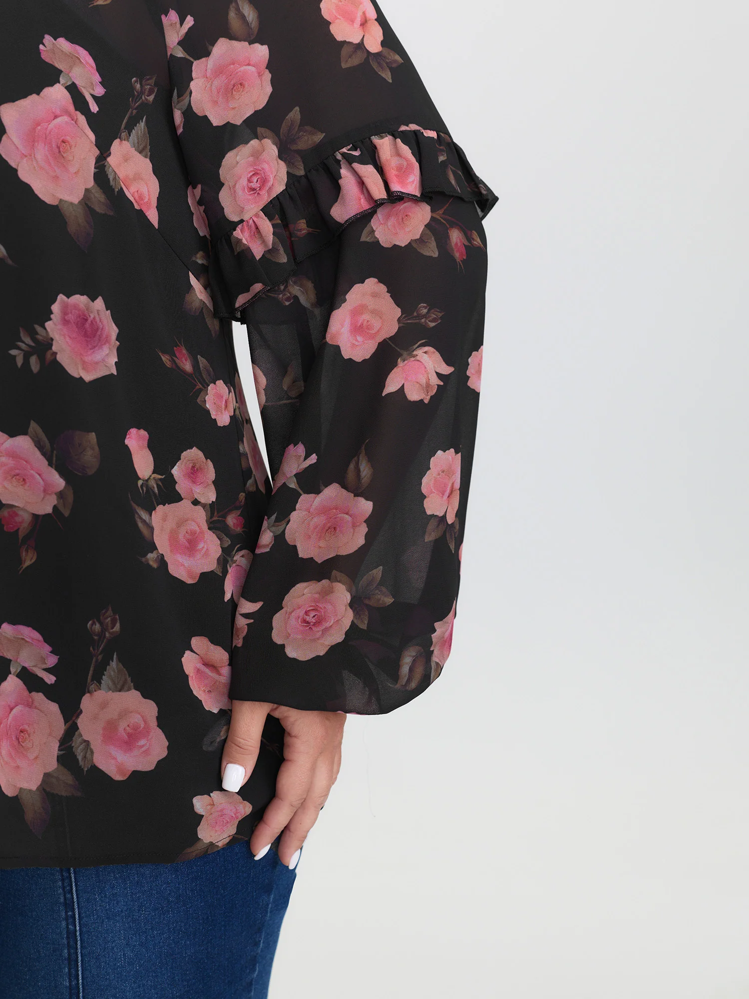 Floral Print Sheer Ruffled Sleeve Detail Blouse - Image 4