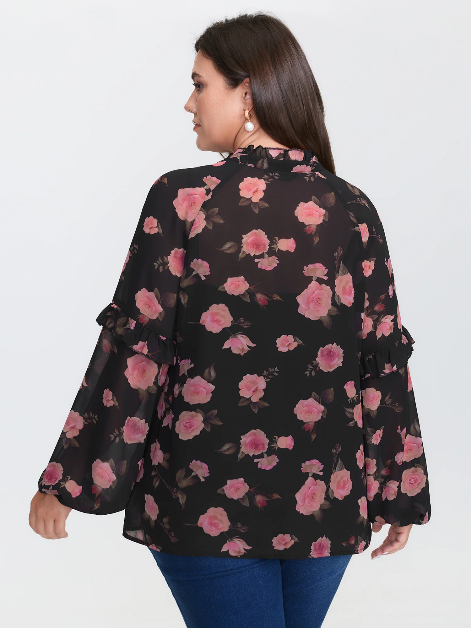 Floral Print Sheer Ruffled Sleeve Detail Blouse - Image 5