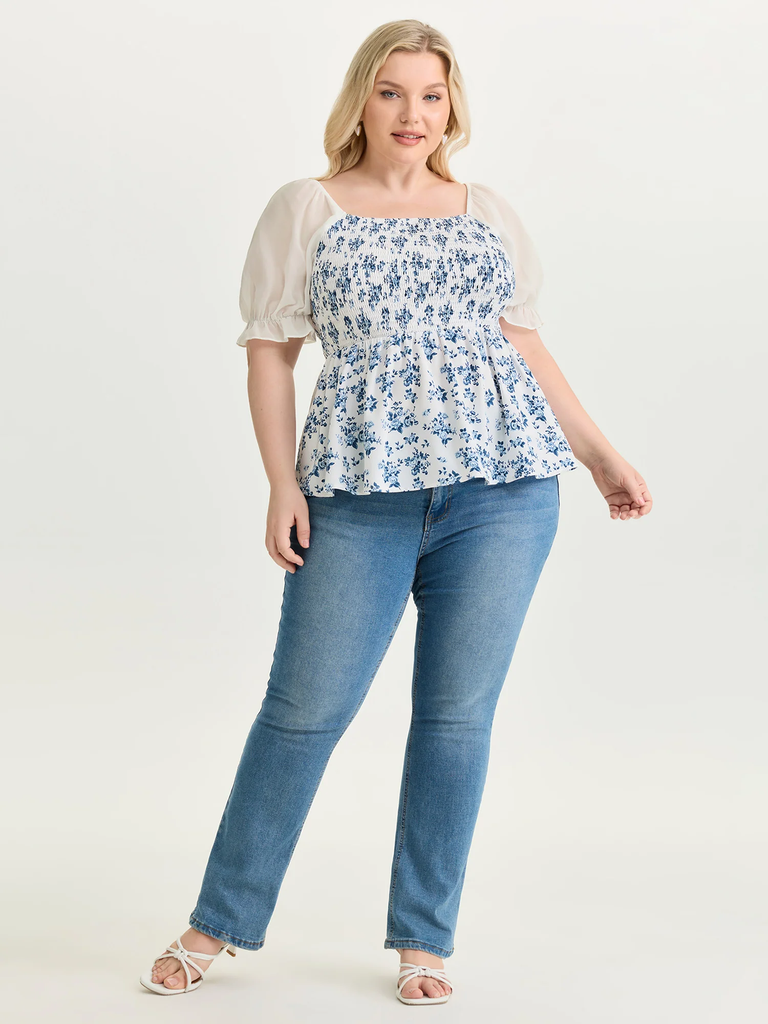 Floral Print Sheer Stretchy Cuff Sleeve Blouse - Image 3