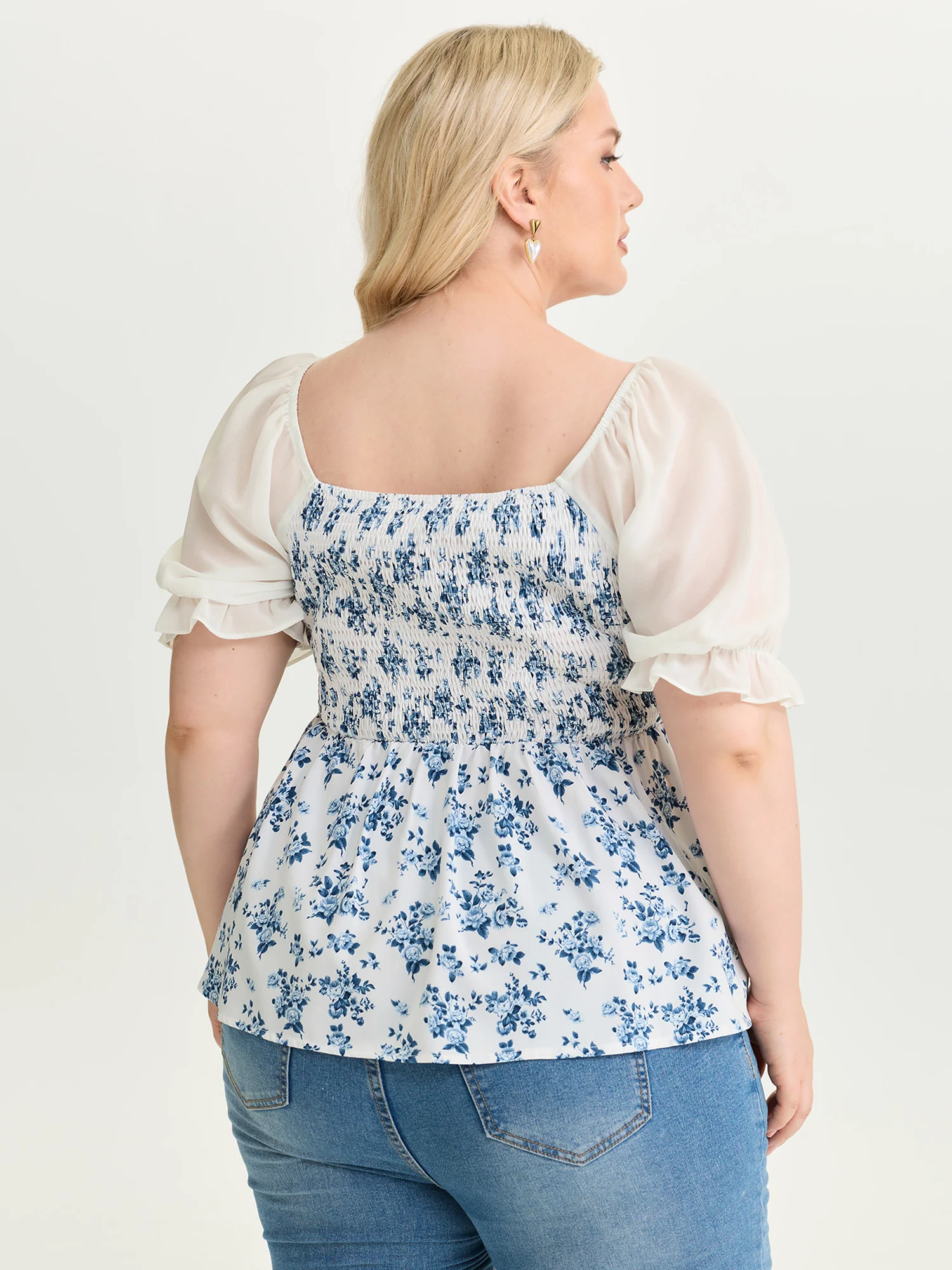 Floral Print Sheer Stretchy Cuff Sleeve Blouse - Image 4