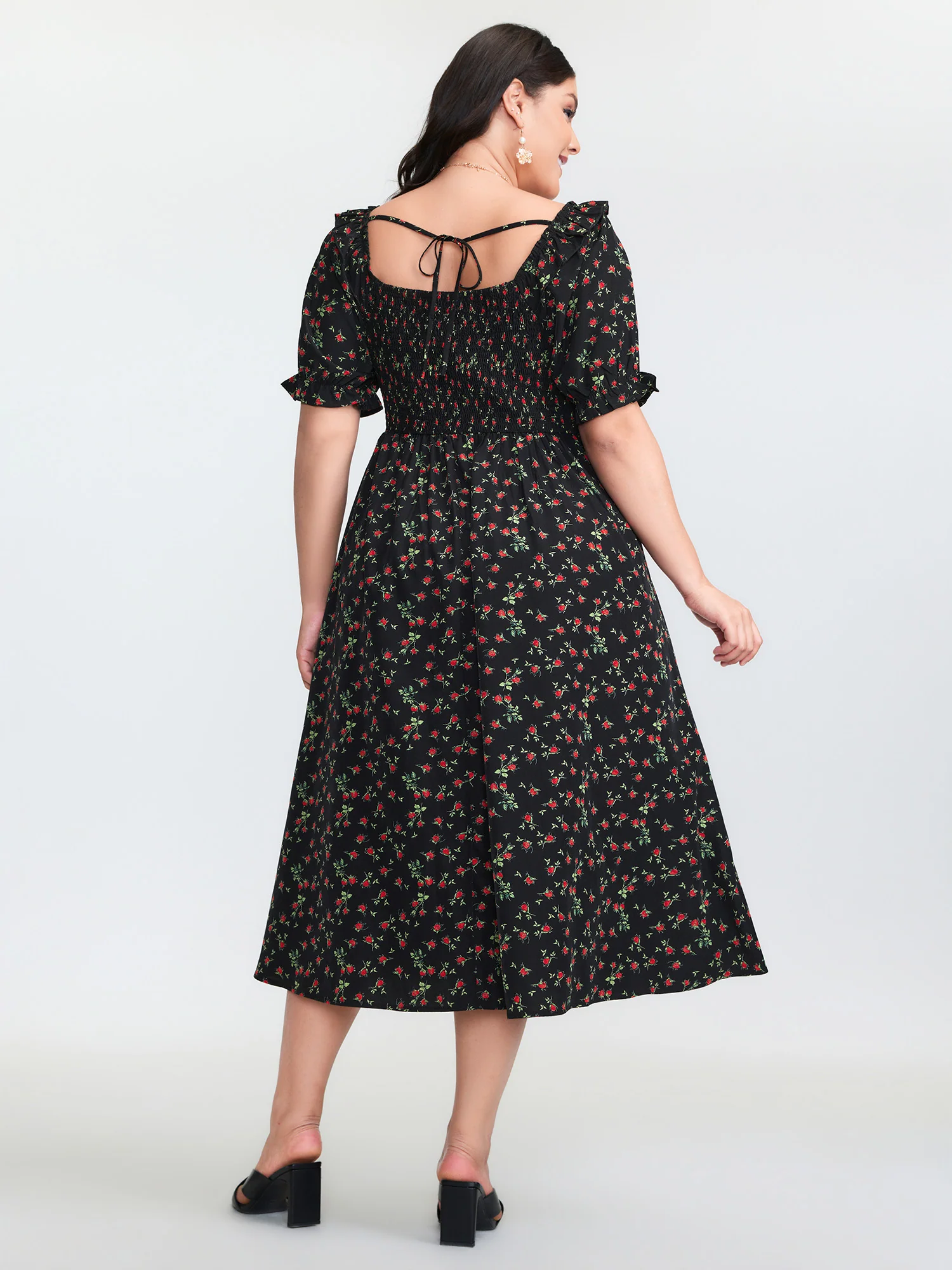 Floral Print Shirred Back-Tie Midi Dress - Image 5