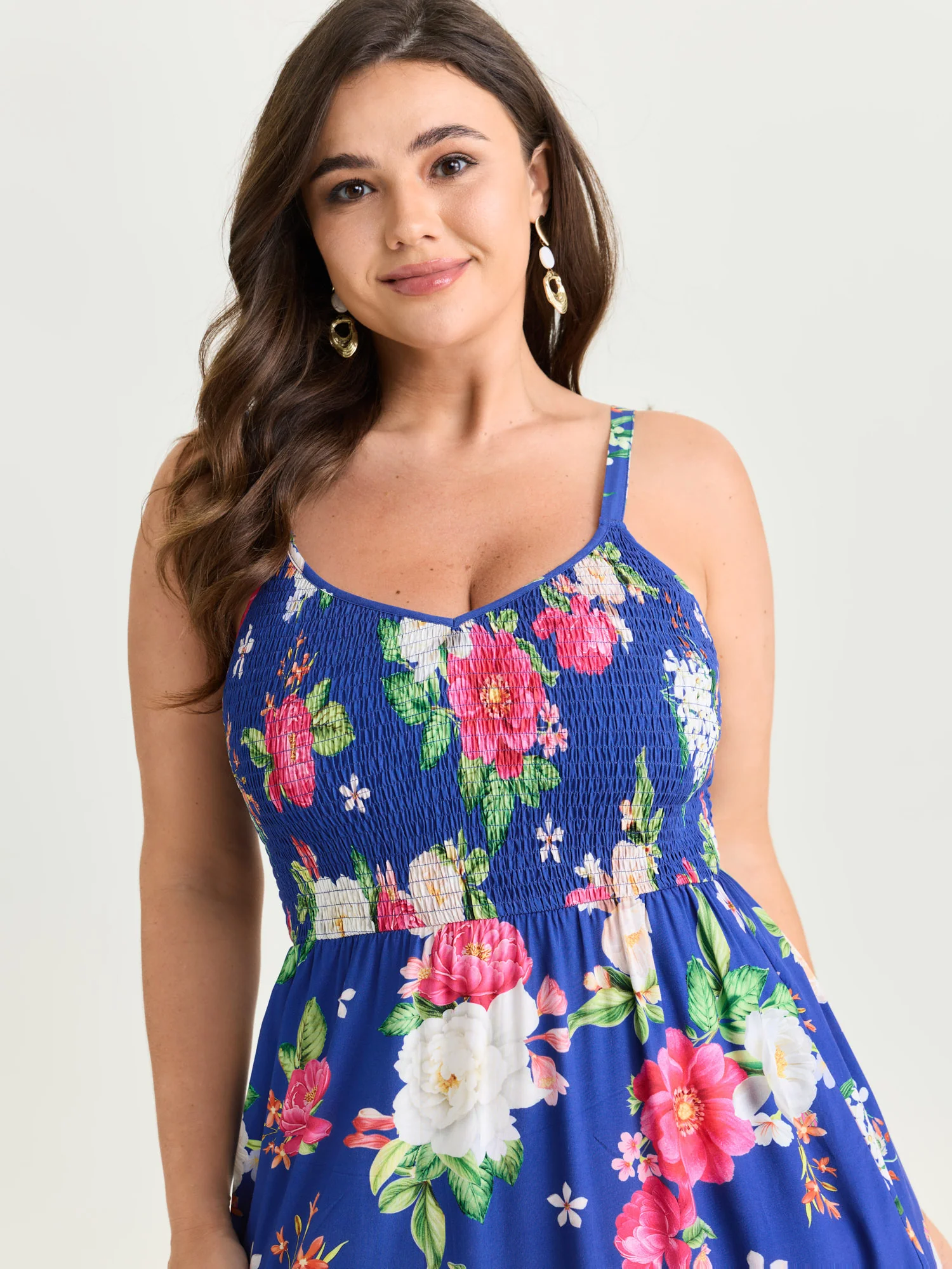 Floral Print Shirred Bodice Breezy Midi Dress - Image 2