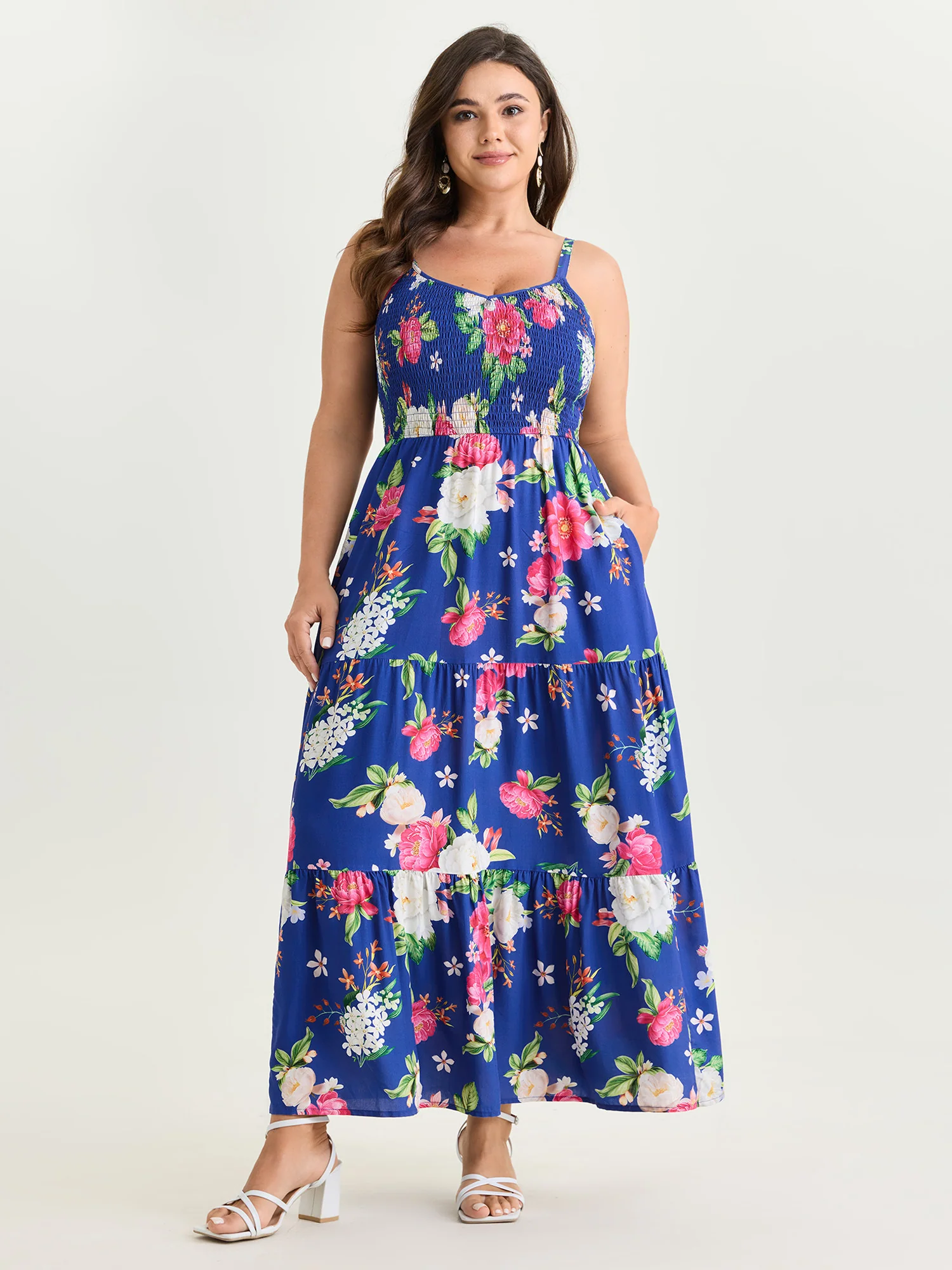 Floral Print Shirred Bodice Breezy Midi Dress - Image 3