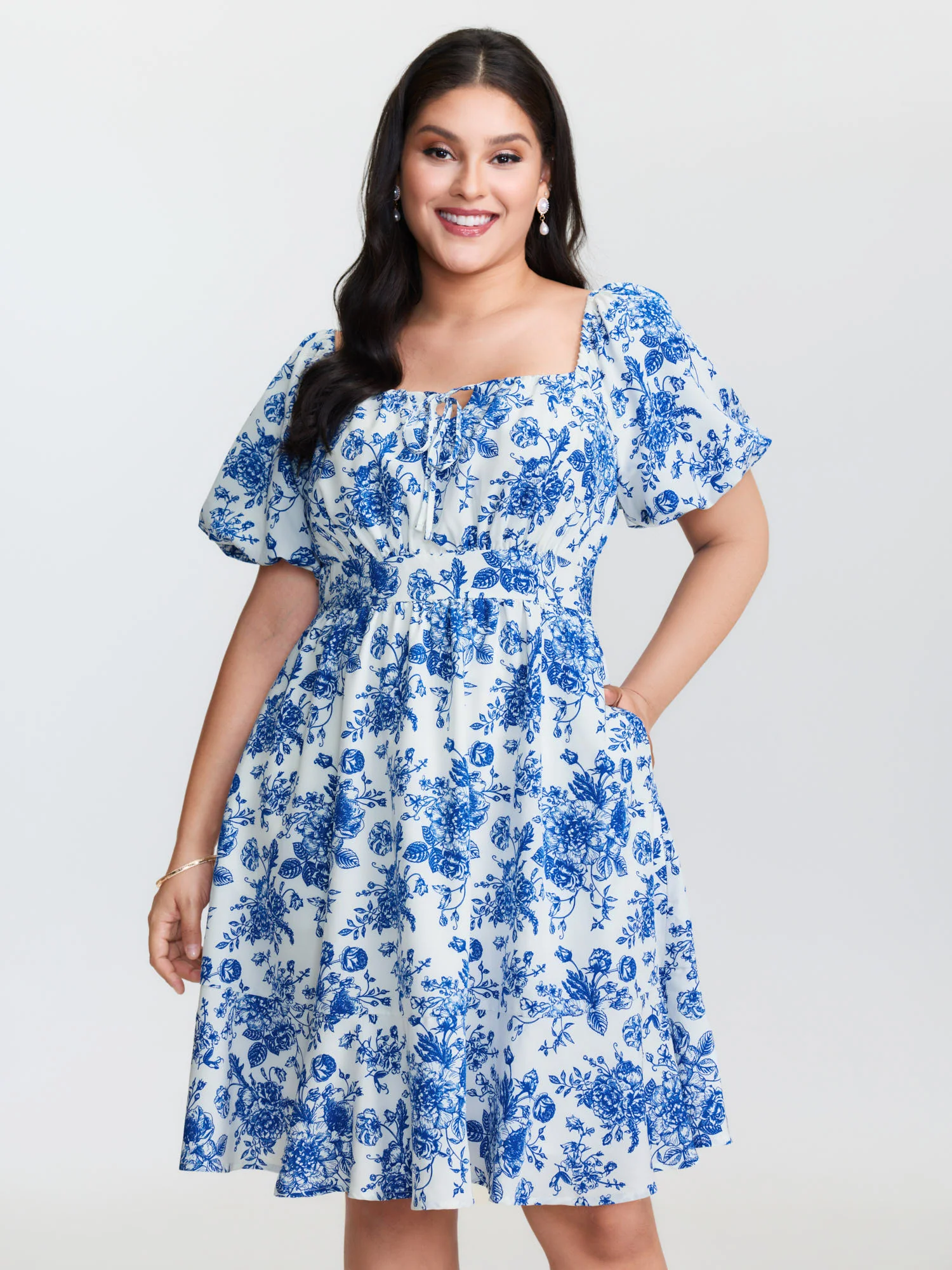 Floral Print Shirred Bodice Drawstring Mini Dress
