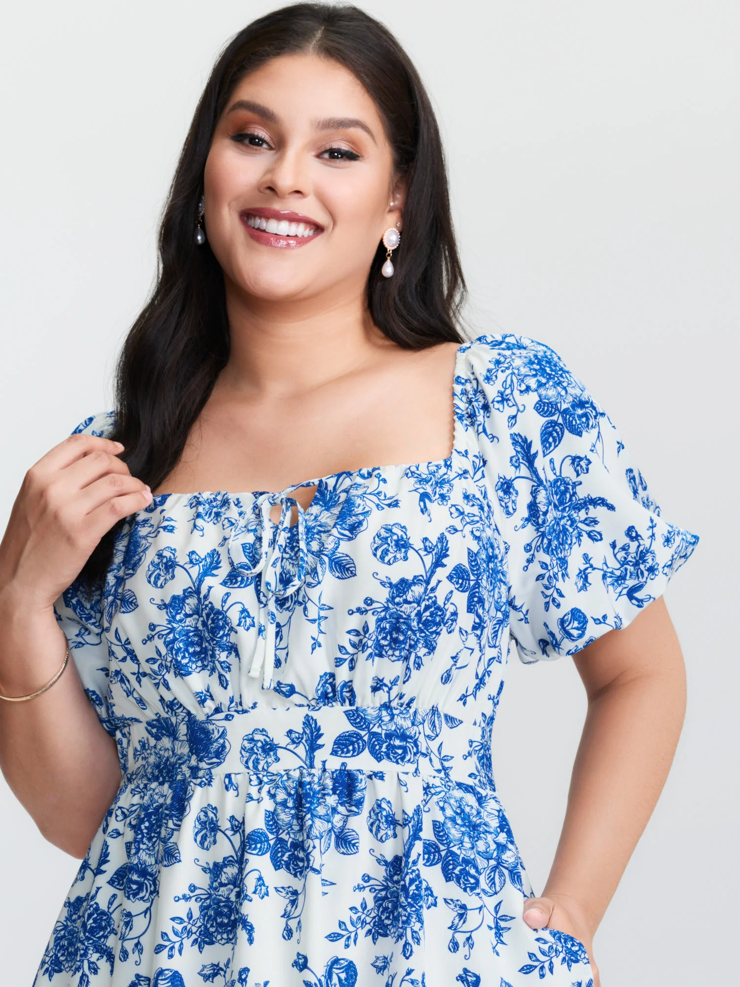 Floral Print Shirred Bodice Drawstring Mini Dress - Image 2