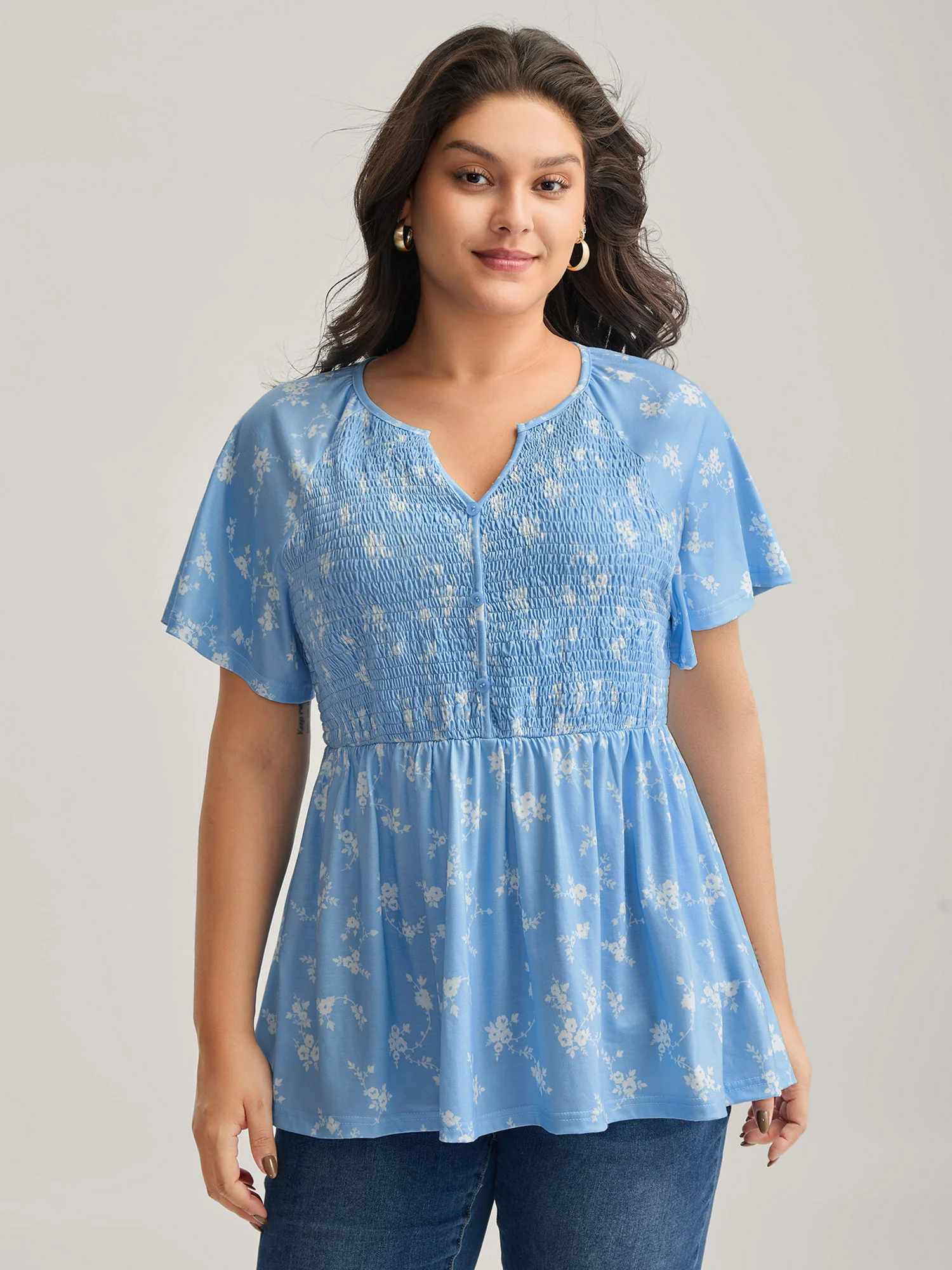 Floral Print Shirred Bodice Jersey Top