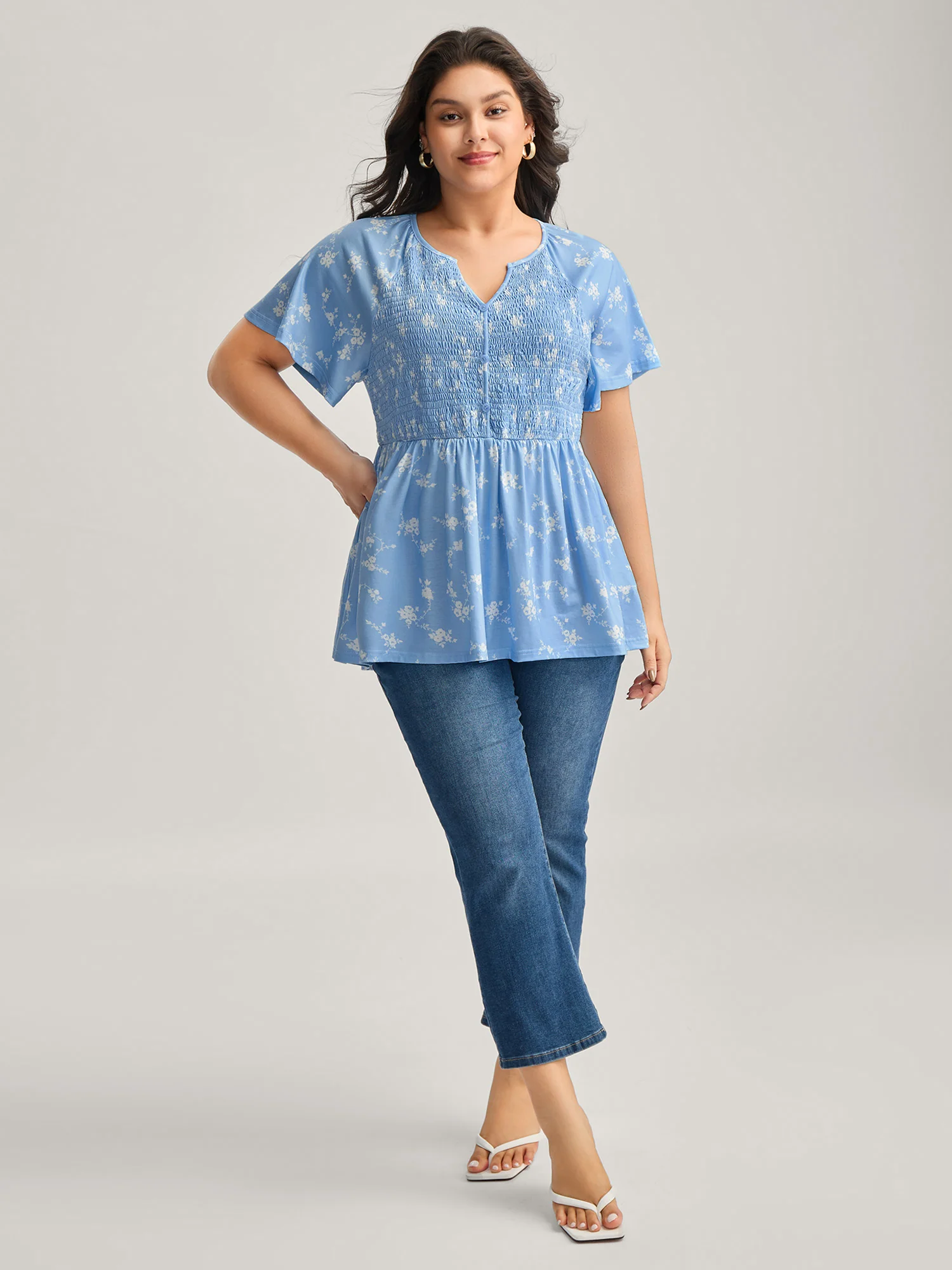 Floral Print Shirred Bodice Jersey Top - Image 3