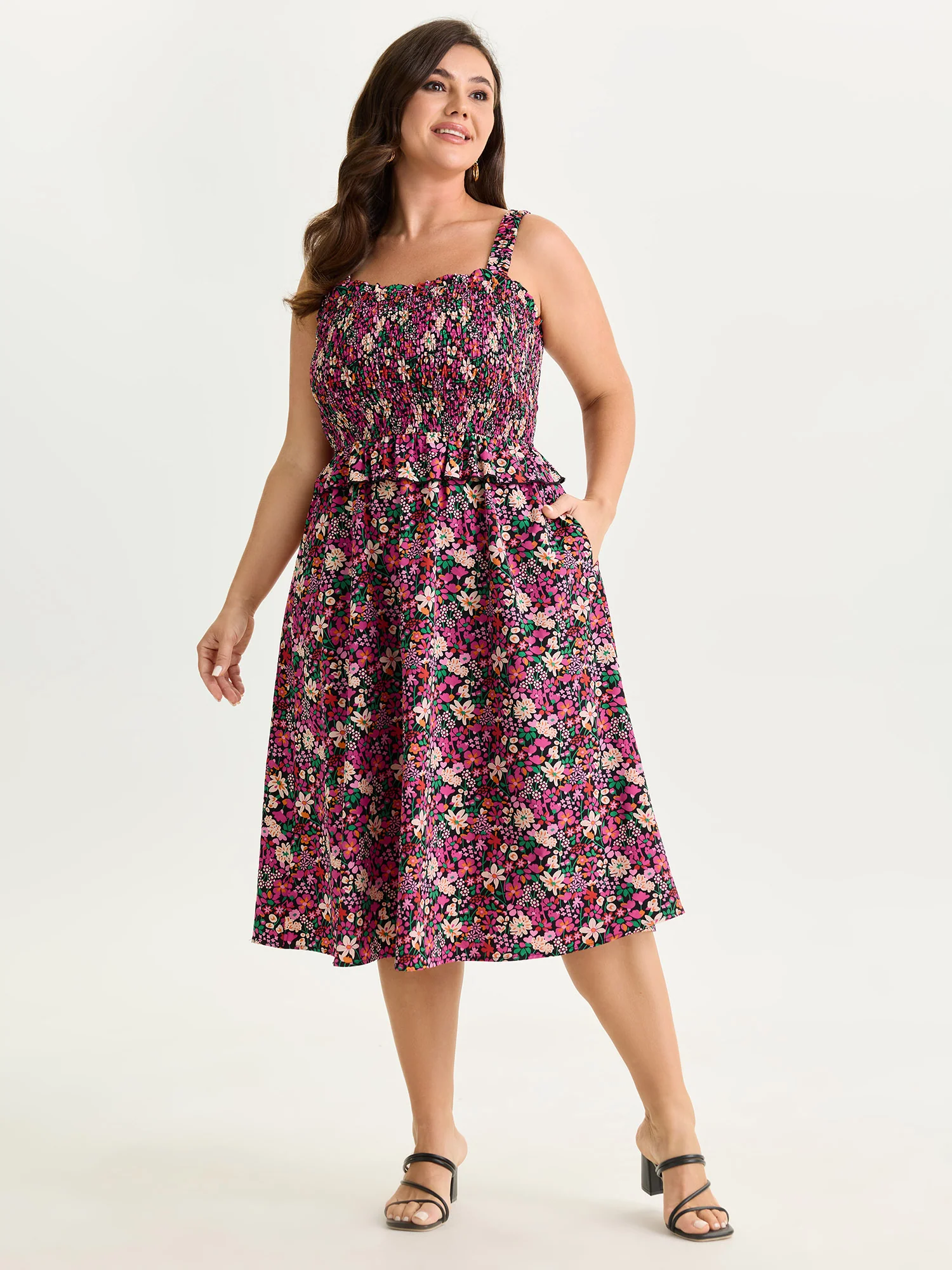 Floral Print Shirred Bodice Layered Midi Dress - Image 3