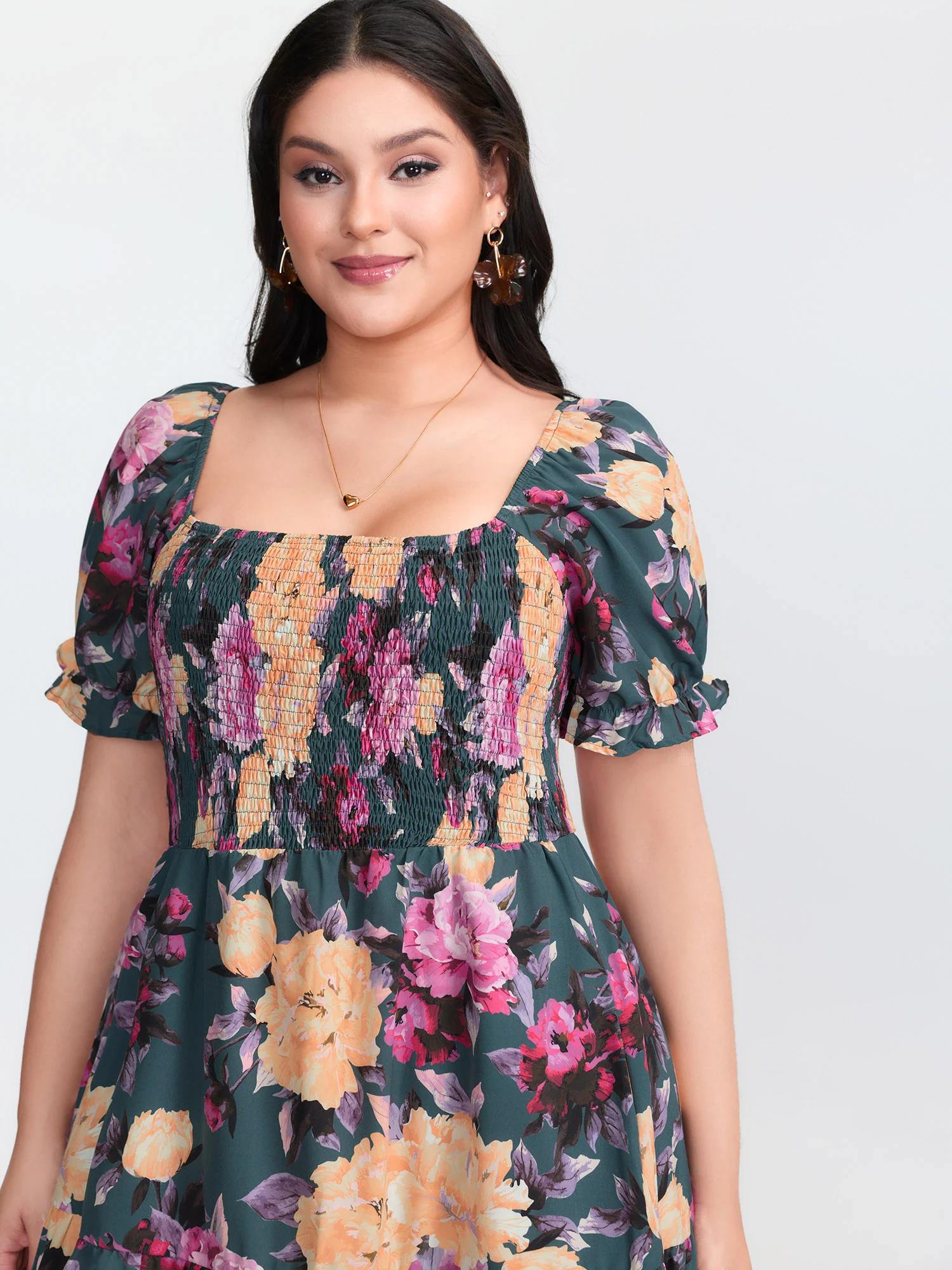 Floral Print Shirred Bodice Midi Dress - Image 2