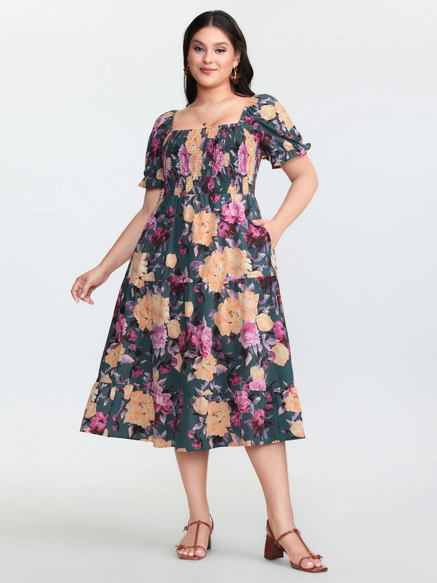 Floral Print Shirred Bodice Midi Dress - Image 3